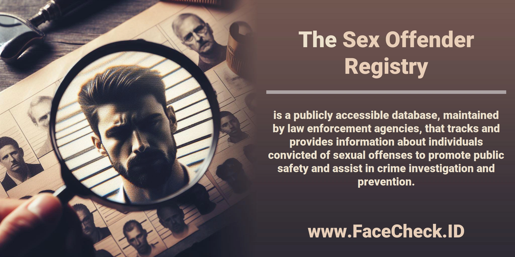 The <b>Sex Offender Registry</b> is a publicly accessible database, maintained by law enforcement agencies, that tracks and provides information about individuals convicted of sexual offenses to promote public safety and assist in crime investigation and prevention.