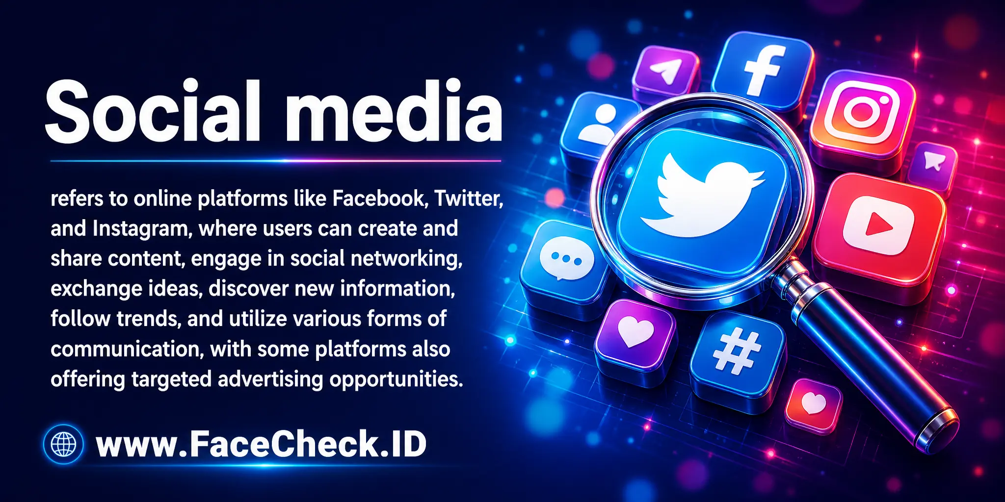 Social media refers to online platforms like Facebook, Twitter, and Instagram, where users can create and share content, engage in social networking, exchange ideas, discover new information, follow trends, and utilize various forms of communication, with some platforms also offering targeted advertising opportunities.