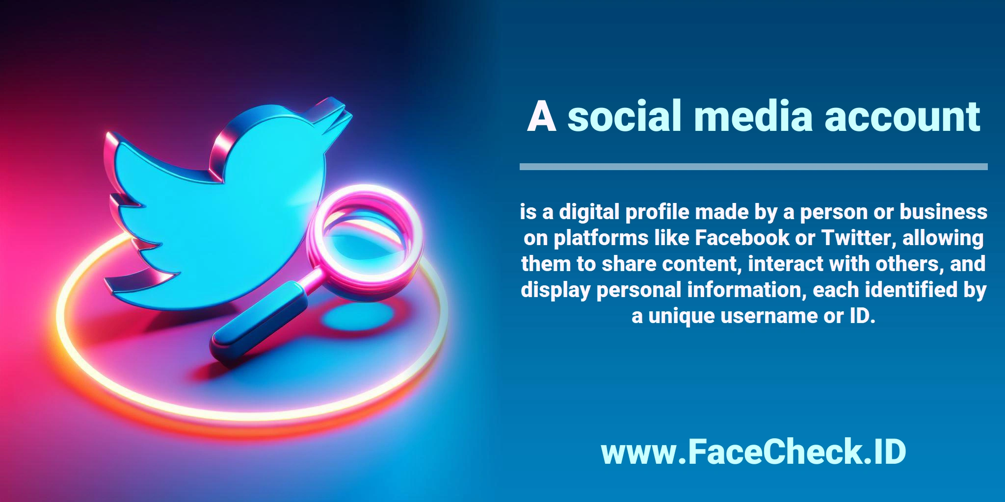 A <b>social media account</b> is a digital profile made by a person or business on platforms like Facebook or Twitter, allowing them to share content, interact with others, and display personal information, each identified by a unique username or ID.