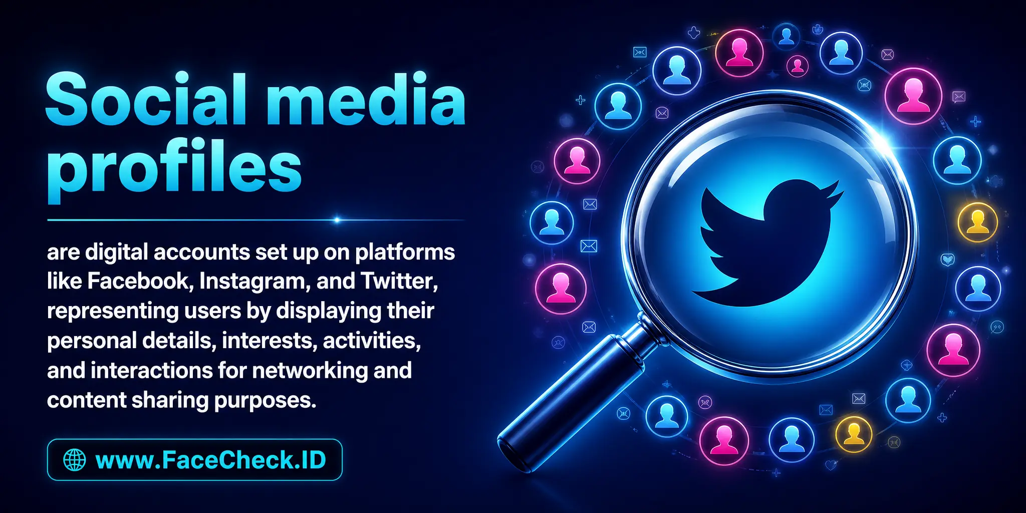 Social media profiles are digital accounts set up on platforms like Facebook, Instagram and Twitter, representing users by displaying their personal details, interests, activities, and interactions for networking and content sharing purposes.