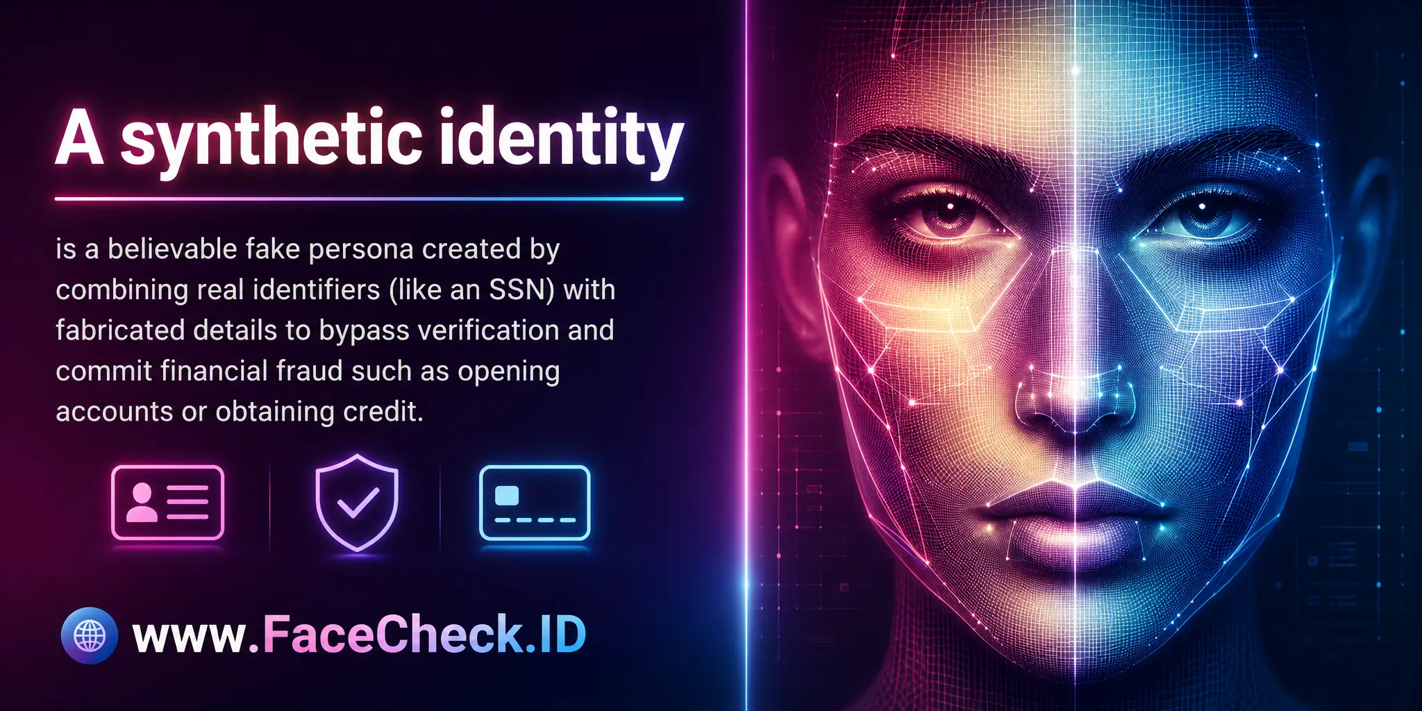 A synthetic identity is a believable fake persona created by combining real identifiers (like an SSN) with fabricated details to bypass verification and commit financial fraud such as opening accounts or obtaining credit.