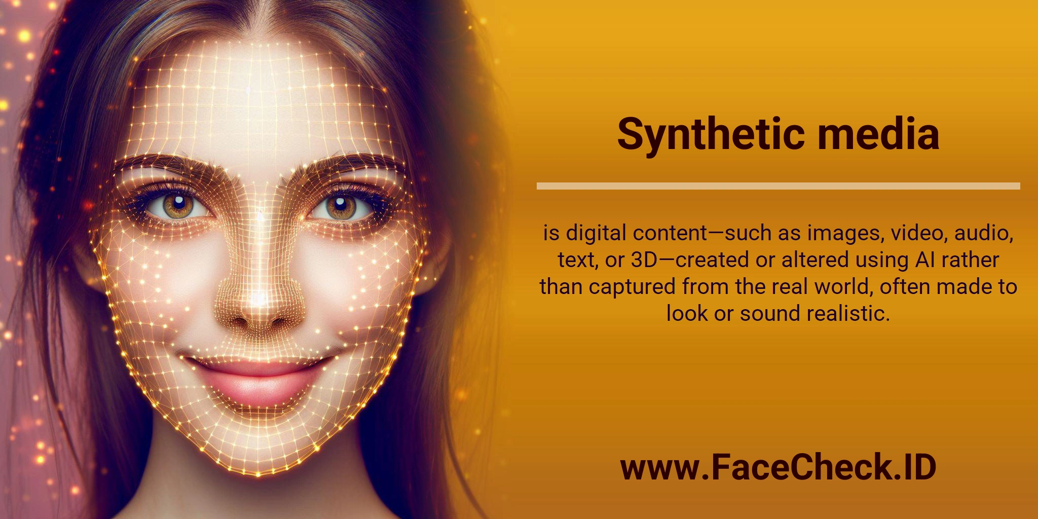 Synthetic media is digital content—such as images, video, audio, text, or 3D—created or altered using AI rather than captured from the real world, often made to look or sound realistic.