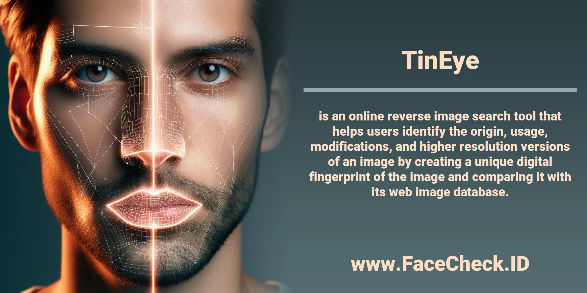 <b>TinEye</b> is an online reverse image search tool that helps users identify the origin, usage, modifications, and higher resolution versions of an image by creating a unique digital fingerprint of the image and comparing it with its web image database.