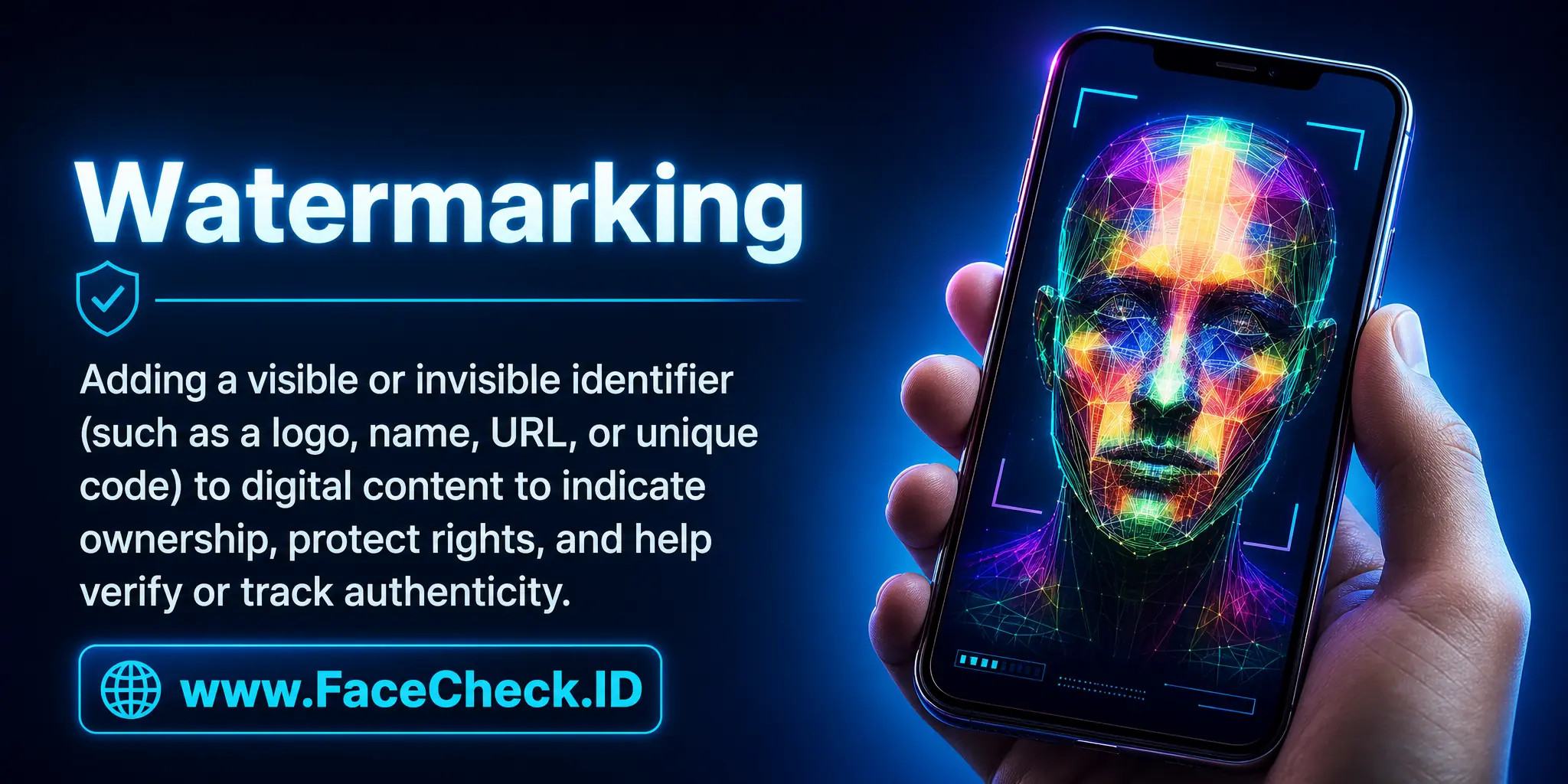 Watermarking is adding a visible or invisible identifier (such as a logo, name, URL, or unique code) to digital content to indicate ownership, protect rights, and help verify or track authenticity.
