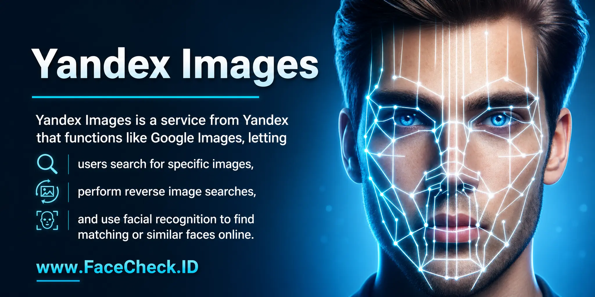 Yandex Images is a service from Russian corporation Yandex that functions like Google Images, letting users search for specific images, perform reverse image searches, and use facial recognition to find matching or similar faces online.
