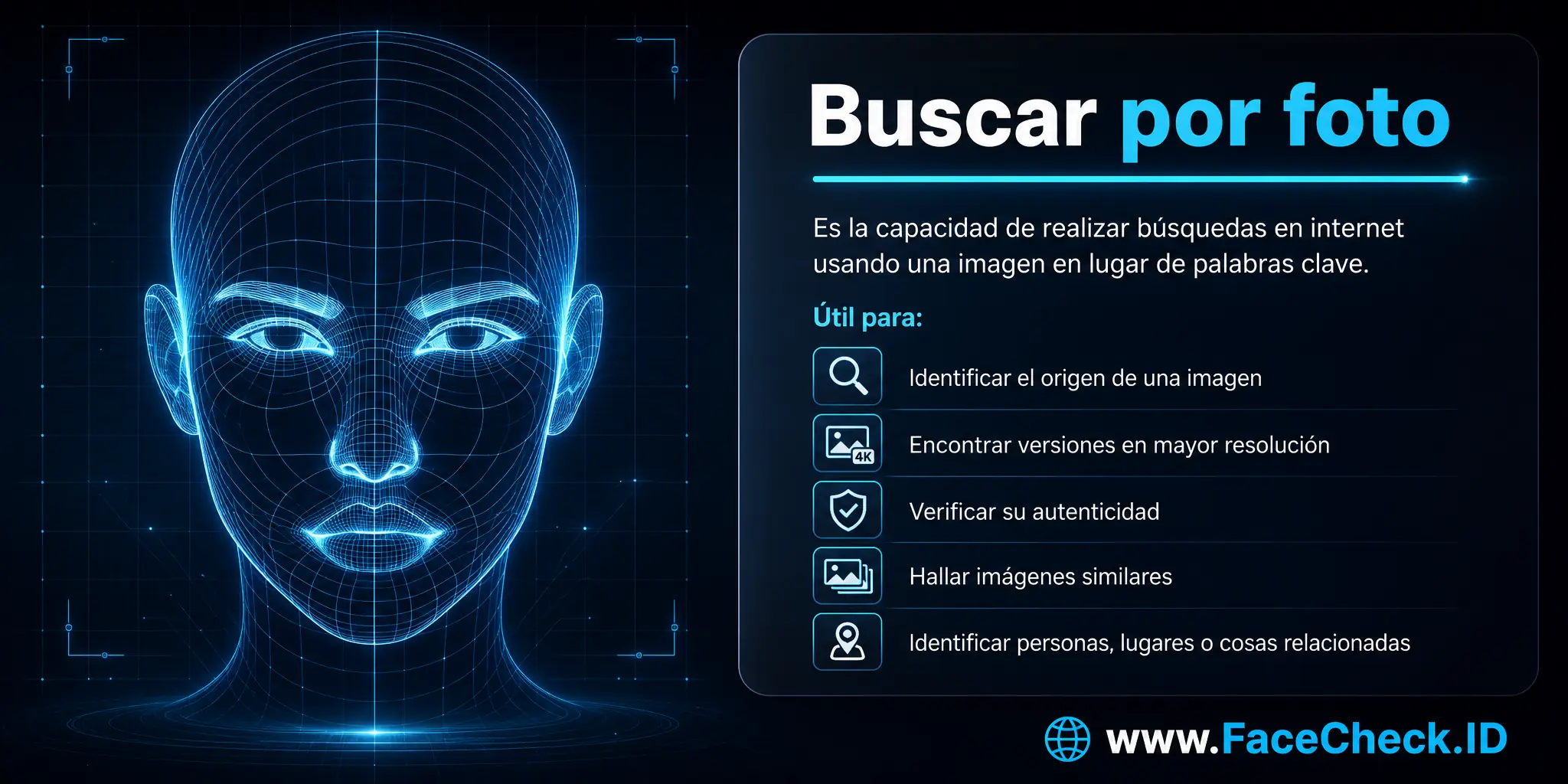 Buscar por foto es la habilidad de realizar búsquedas en internet usando una imagen en vez de palabras clave, útil para identificar el origen de la imagen, encontrar versiones de mayor resolución, verificar su autenticidad, hallar imágenes similares, e identificar personas, lugares o cosas en las mismas.