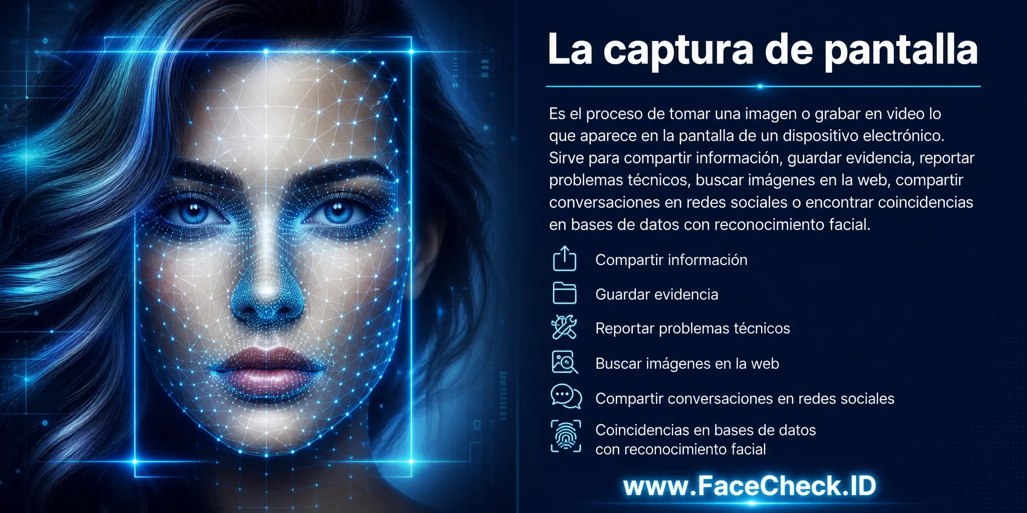 La captura de pantalla es un proceso que permite tomar una imagen o grabar lo que se muestra en la pantalla de un dispositivo electrónico, útil para compartir información, guardar evidencia, registrar problemas técnicos, buscar imágenes en la web, compartir conversaciones en redes sociales o buscar coincidencias en una base de datos con reconocimiento facial.