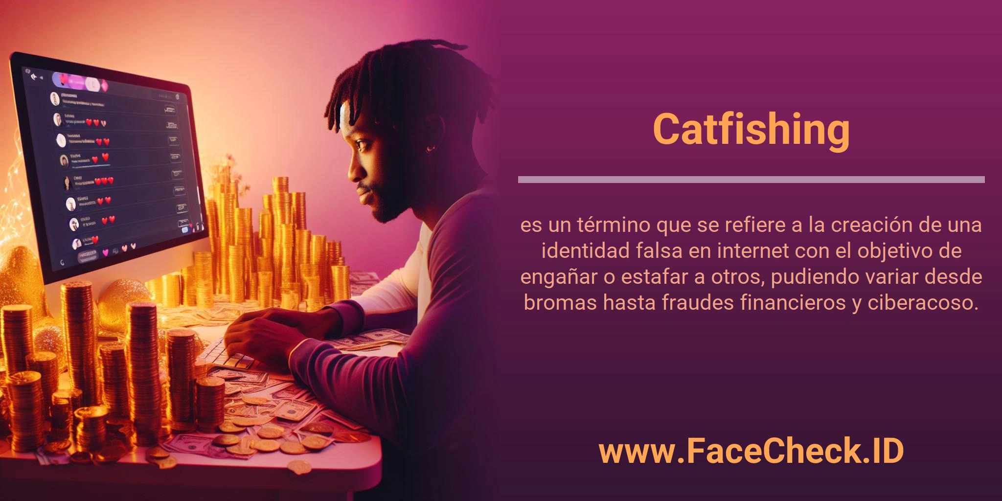 Catfishing es un término que se refiere a la creación de una identidad falsa en internet con el objetivo de engañar o estafar a otros, pudiendo variar desde bromas hasta fraudes financieros y ciberacoso.