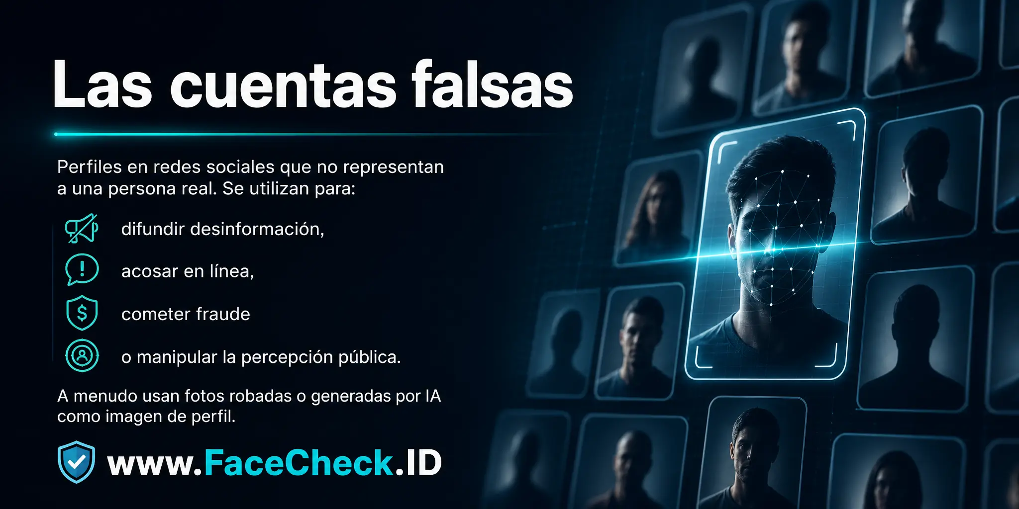 Las cuentas falsas son perfiles en redes sociales que no representan a una persona real, utilizados para actividades como difundir información falsa, acoso en línea, fraude o manipular la percepción pública, a menudo usando imágenes robadas o generadas por computadora como foto de perfil.