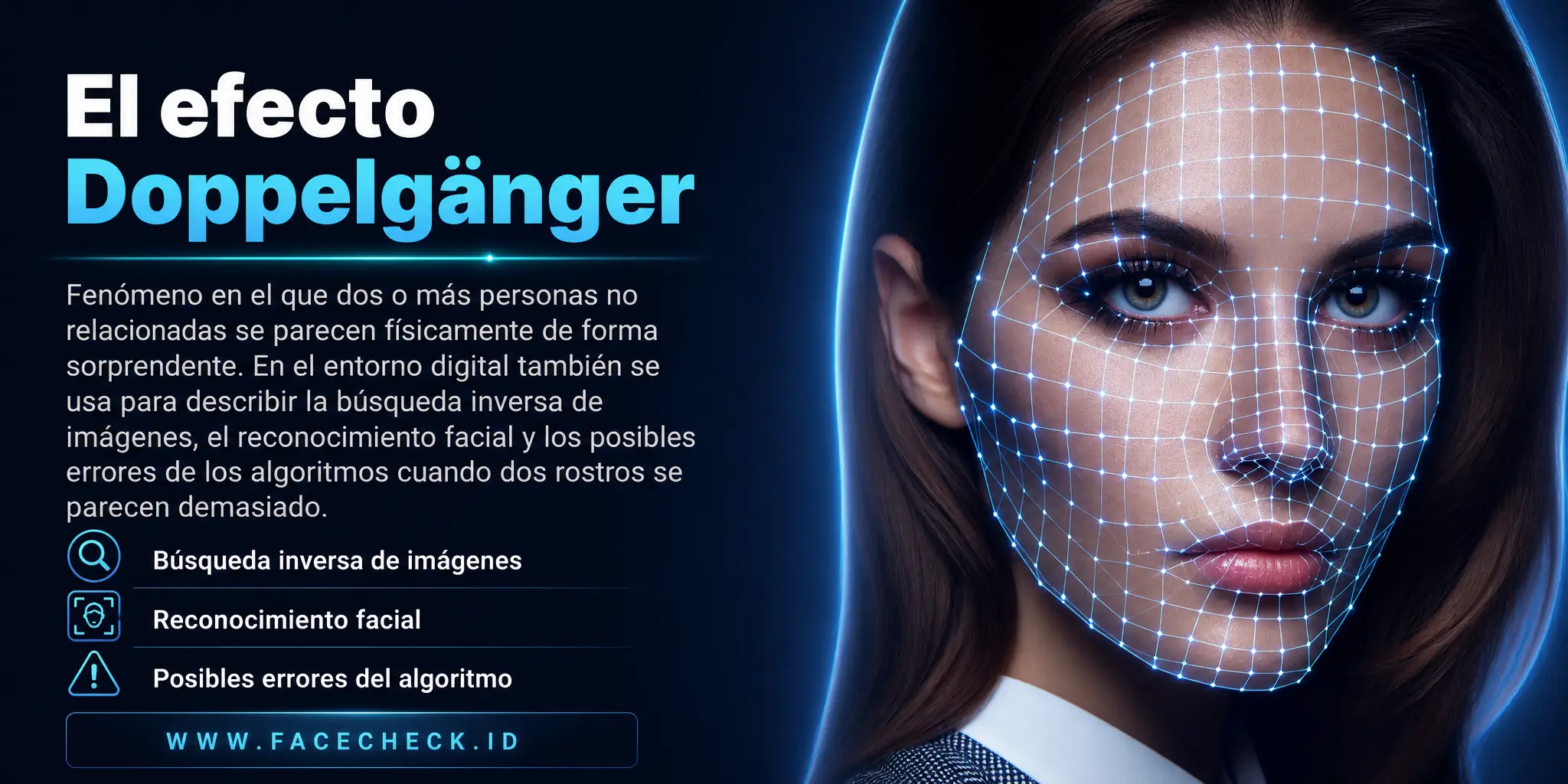 El efecto Doppelgänger es un fenómeno donde dos o más individuos no relacionados se parecen físicamente de manera sorprendente, término que también se usa en el mundo digital para referirse a la búsqueda de imágenes inversas, reconocimiento facial y posibles errores al confundir algoritmo si dos personas se parecen mucho.