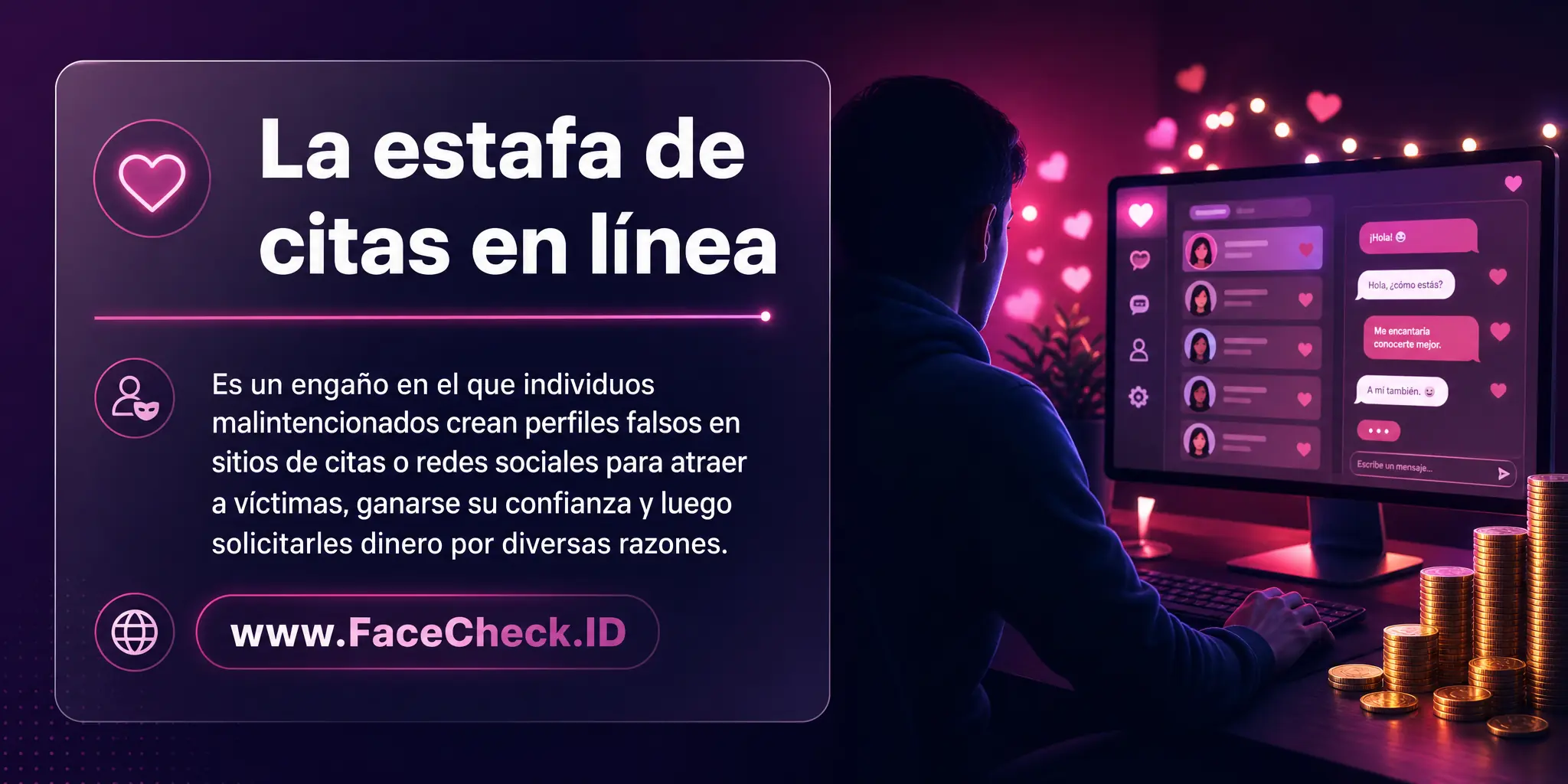 La estafa de citas en línea es un engaño en el que individuos malintencionados crean perfiles falsos en sitios de citas o redes sociales para atraer a víctimas, ganarse su confianza y luego solicitarles dinero por diversas razones.