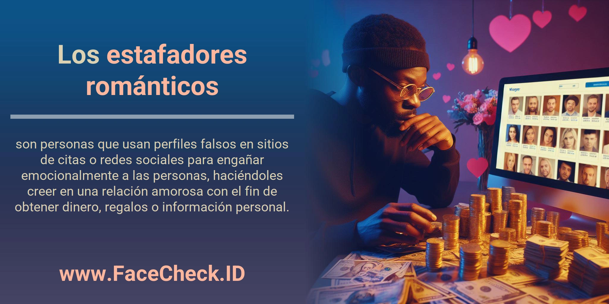 Los estafadores románticos son personas que usan perfiles falsos en sitios de citas o redes sociales para engañar emocionalmente a las personas, haciéndoles creer en una relación amorosa con el fin de obtener dinero, regalos o información personal.