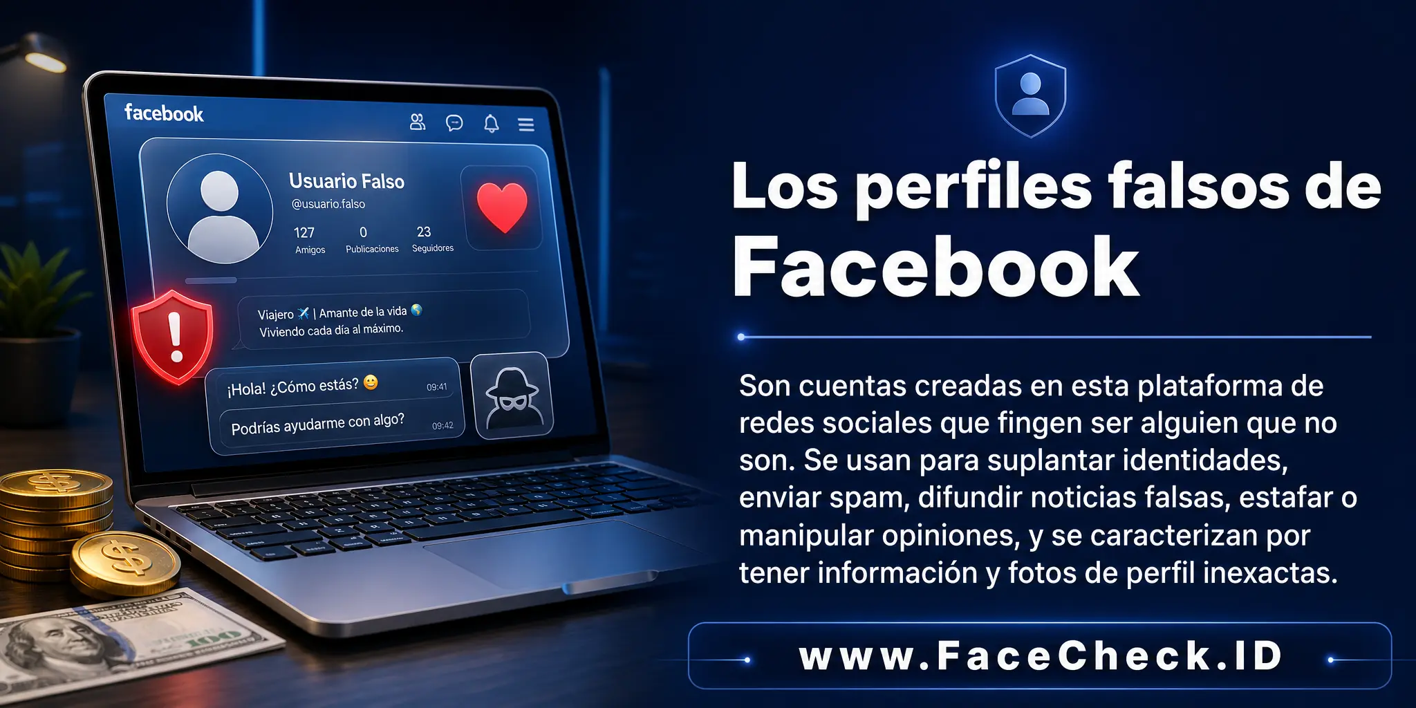 Los perfiles falsos de Facebook son cuentas creadas en esta plataforma de redes sociales que fingen ser alguien que no son, utilizándose para suplantar identidades, enviar spam, difundir noticias falsas, estafar o manipular opiniones, y se caracterizan por tener información y fotos de perfil inexactas.