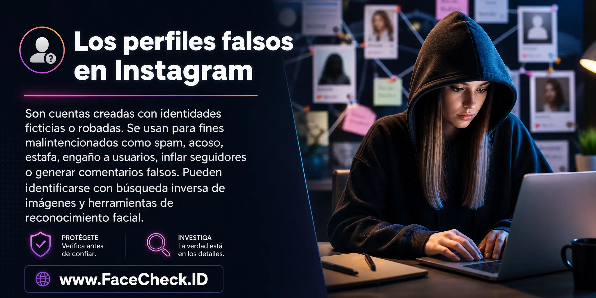 Los perfiles falsos en Instagram son cuentas creadas con identidades ficticias o robadas, usadas para fines malintencionados como spam, acoso, estafa, engaño a usuarios, inflar seguidores o hacer comentarios falsos, y se pueden identificar con herramientas de búsqueda de imágenes inversas y reconocimiento facial.