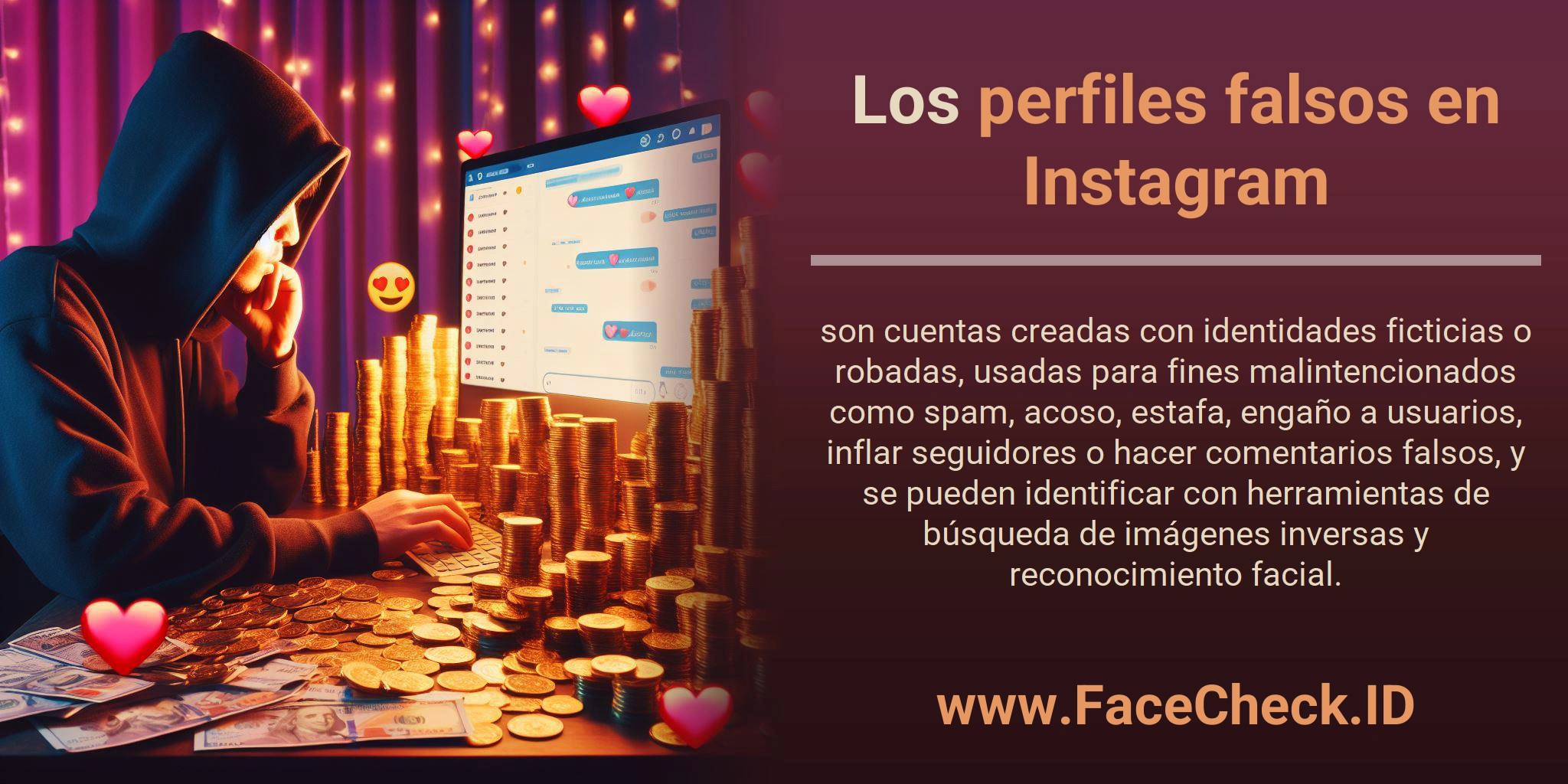Los perfiles falsos en Instagram son cuentas creadas con identidades ficticias o robadas, usadas para fines malintencionados como spam, acoso, estafa, engaño a usuarios, inflar seguidores o hacer comentarios falsos, y se pueden identificar con herramientas de búsqueda de imágenes inversas y reconocimiento facial.