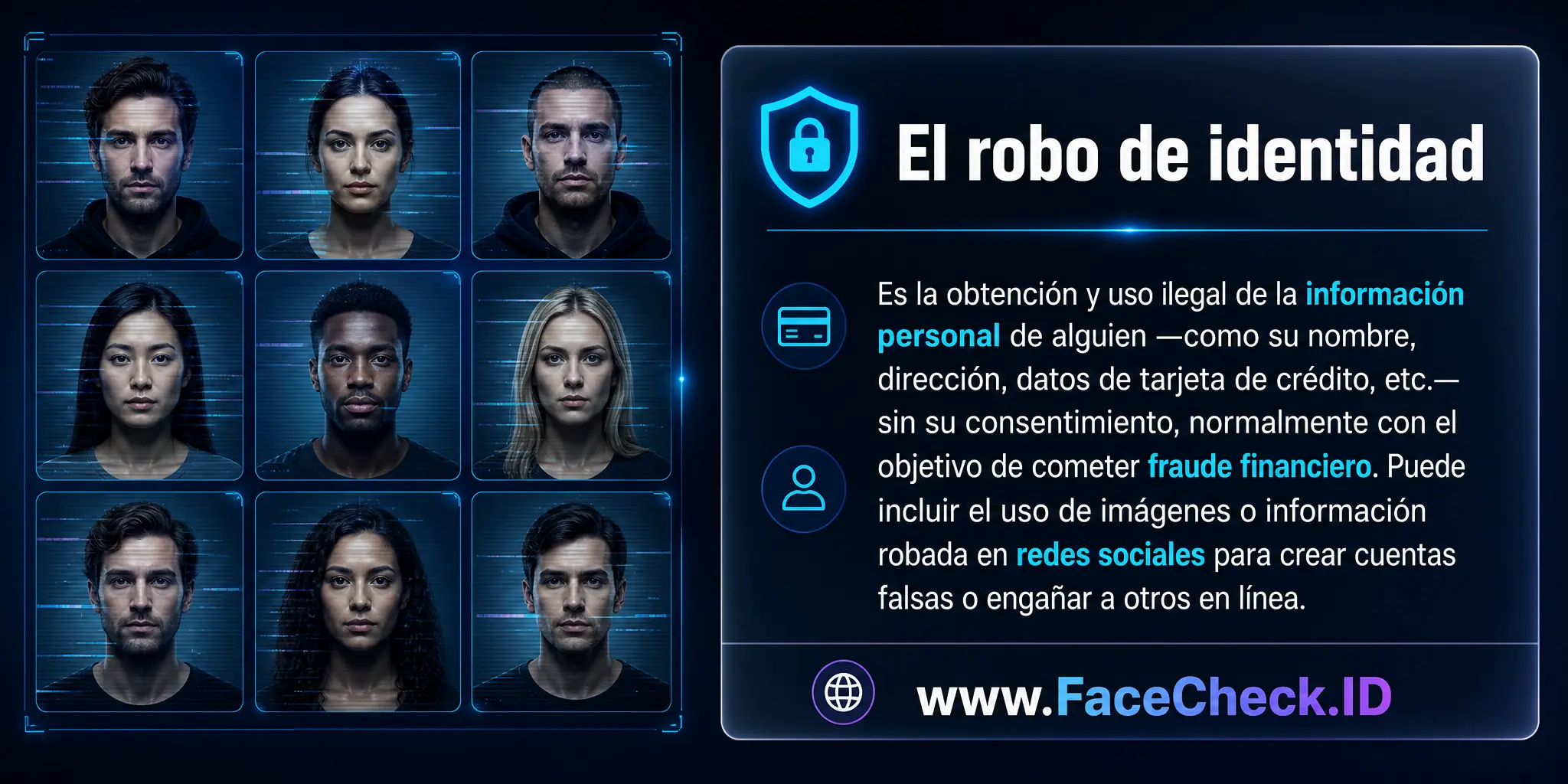 El robo de identidad es la obtención y uso ilegal de la información personal de alguien, como su nombre, dirección, detalles de tarjeta de crédito, etc., sin su consentimiento, normalmente con el objetivo de cometer fraude financiero, que puede incluir el uso de imágenes o información robada en redes sociales para crear cuentas falsas o engañar a otros en línea.