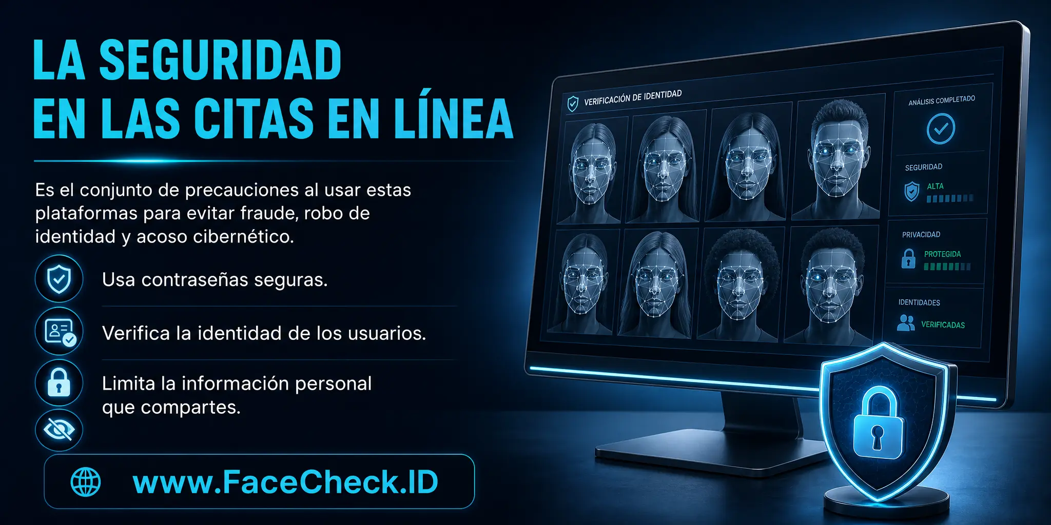 La Seguridad En Las Citas En Línea se refiere a las precauciones que se deben tomar al usar estas plataformas para evitar riesgos como fraude, robo de identidad o acoso cibernético, mediante el uso de contraseñas seguras, verificación de identidad de usuarios y limitación de la información personal compartida.