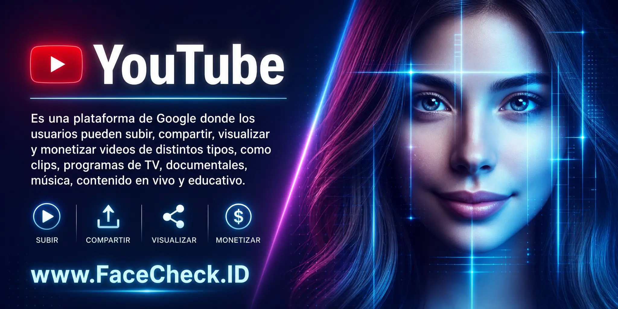 YouTube es una plataforma de Google donde los usuarios pueden subir, compartir, visualizar y monetizar videos de distintos tipos como clips, programas de TV, documentales, música, contenido en vivo y educativo.