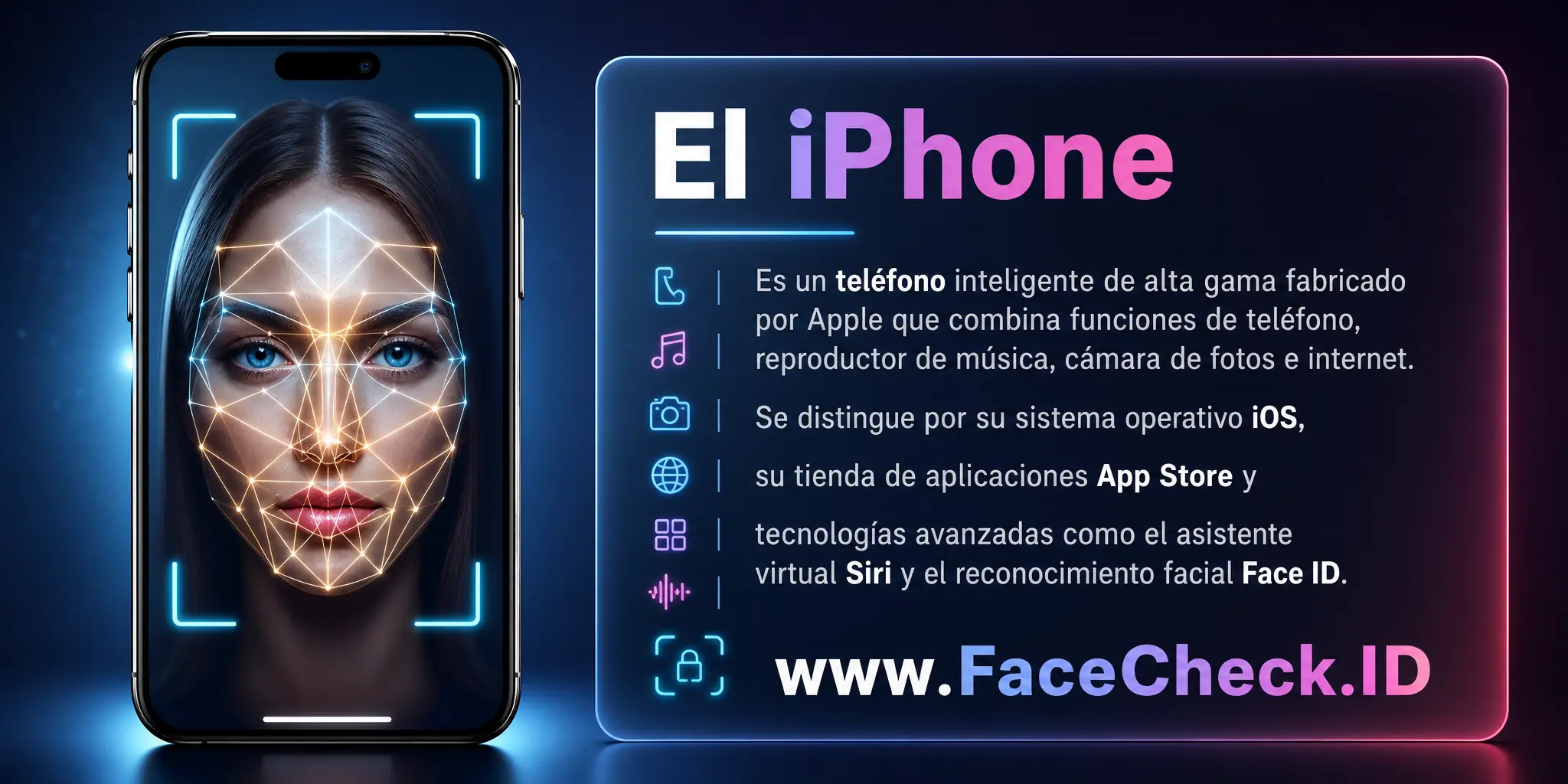El iPhone es un teléfono inteligente de alta gama fabricado por Apple que combina funciones de teléfono, reproductor de música, cámara de fotos e internet, se distingue por su sistema operativo iOS, su tienda de aplicaciones App Store, y tecnologías avanzadas como el asistente virtual Siri y el reconocimiento facial Face ID.