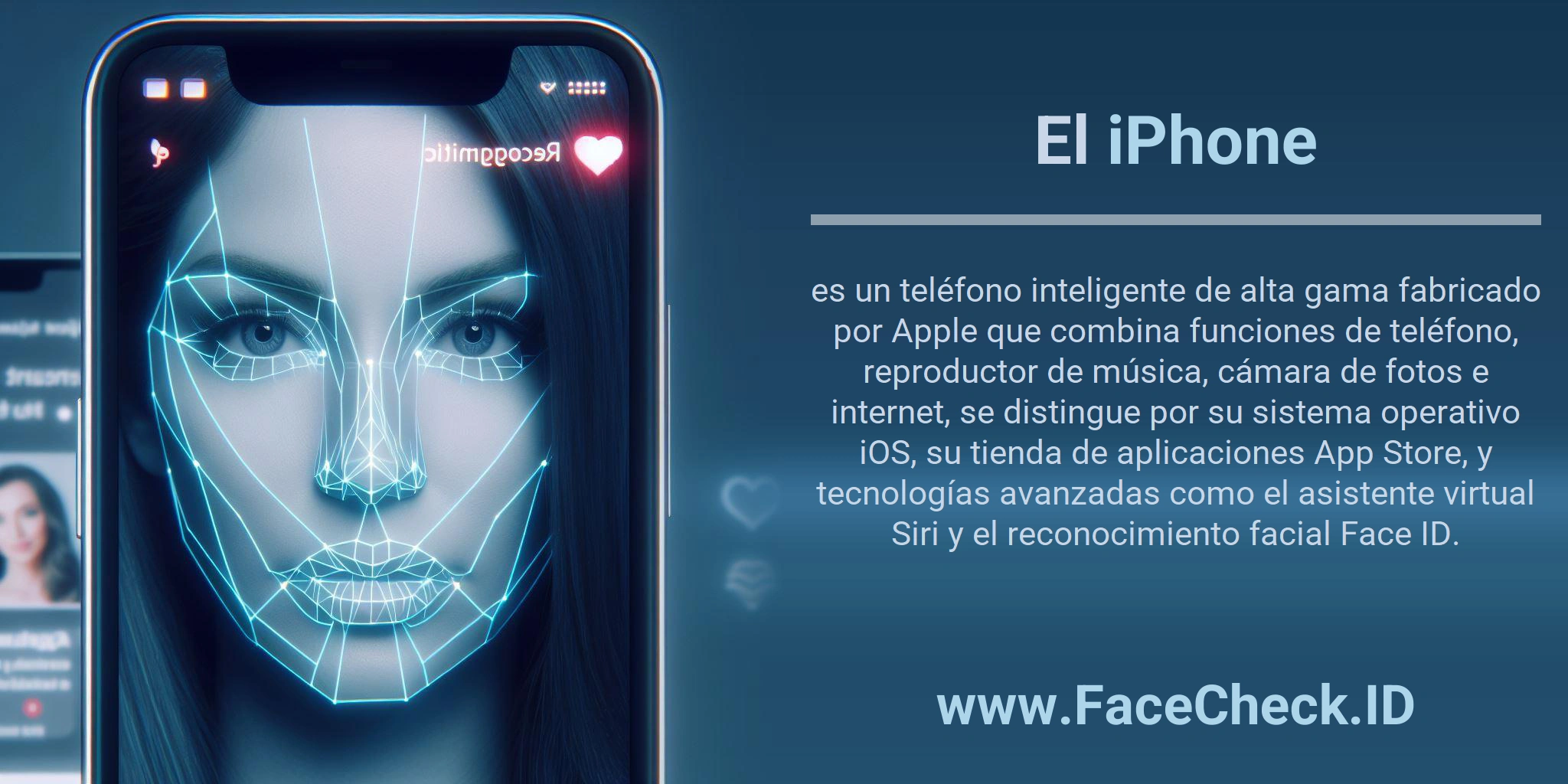 El iPhone es un teléfono inteligente de alta gama fabricado por Apple que combina funciones de teléfono, reproductor de música, cámara de fotos e internet, se distingue por su sistema operativo iOS, su tienda de aplicaciones App Store, y tecnologías avanzadas como el asistente virtual Siri y el reconocimiento facial Face ID.