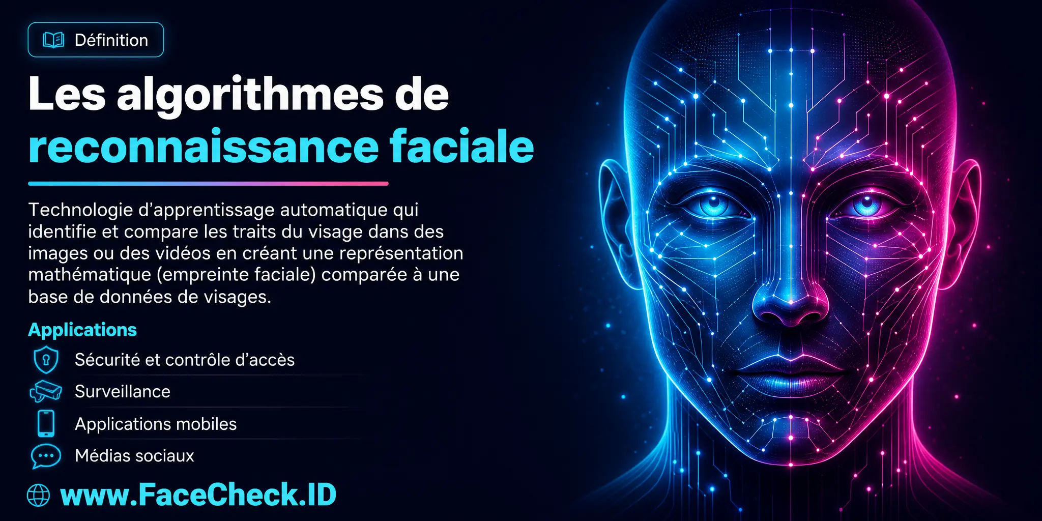 Les algorithmes de reconnaissance faciale sont une technologie qui utilise l'apprentissage automatique pour identifier et comparer les traits du visage humain dans une image ou une vidéo, en créant une représentation mathématique du visage pour le comparer à une base de données de visages, utilisée dans divers domaines comme la sécurité, la surveillance et les applications mobiles et de médias sociaux.