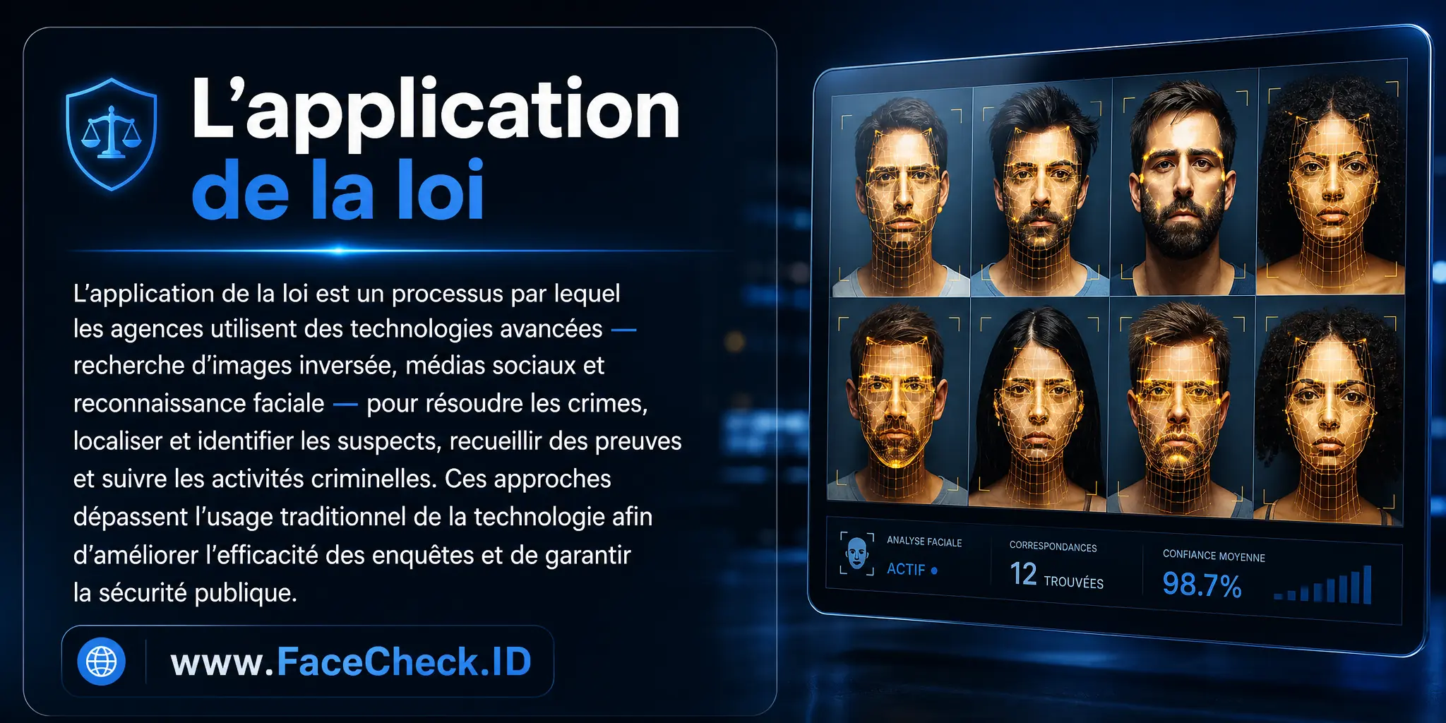 L'application de la loi est un processus dans lequel les agences utilisent des technologies avancées comme la recherche d'images inversées, les médias sociaux et la reconnaissance faciale pour résoudre les crimes, localiser et identifier les suspects, recueillir des preuves et suivre les activités criminelles, dépassant l'utilisation traditionnelle de la technologie pour améliorer l'efficacité des enquêtes et garantir la sécurité publique.