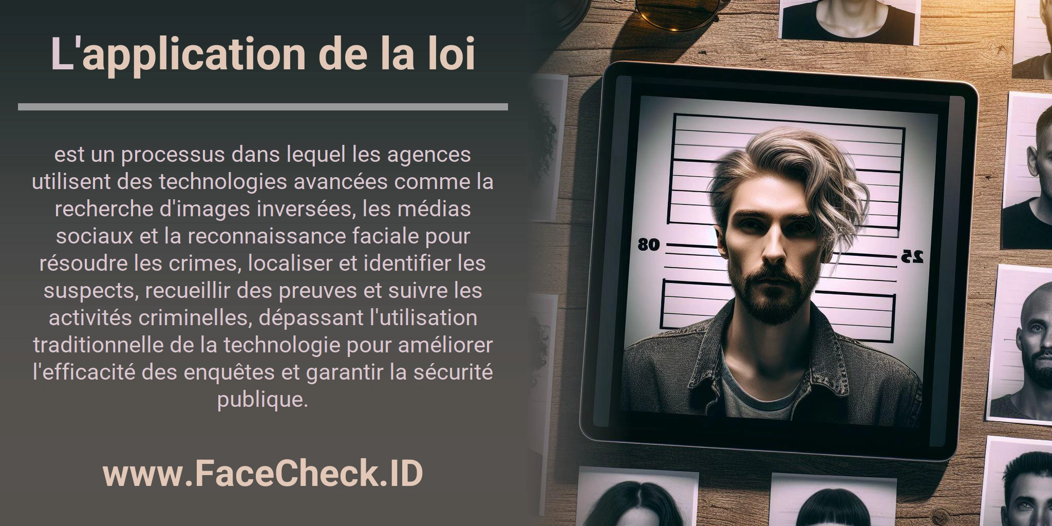 L'application de la loi est un processus dans lequel les agences utilisent des technologies avancées comme la recherche d'images inversées, les médias sociaux et la reconnaissance faciale pour résoudre les crimes, localiser et identifier les suspects, recueillir des preuves et suivre les activités criminelles, dépassant l'utilisation traditionnelle de la technologie pour améliorer l'efficacité des enquêtes et garantir la sécurité publique.