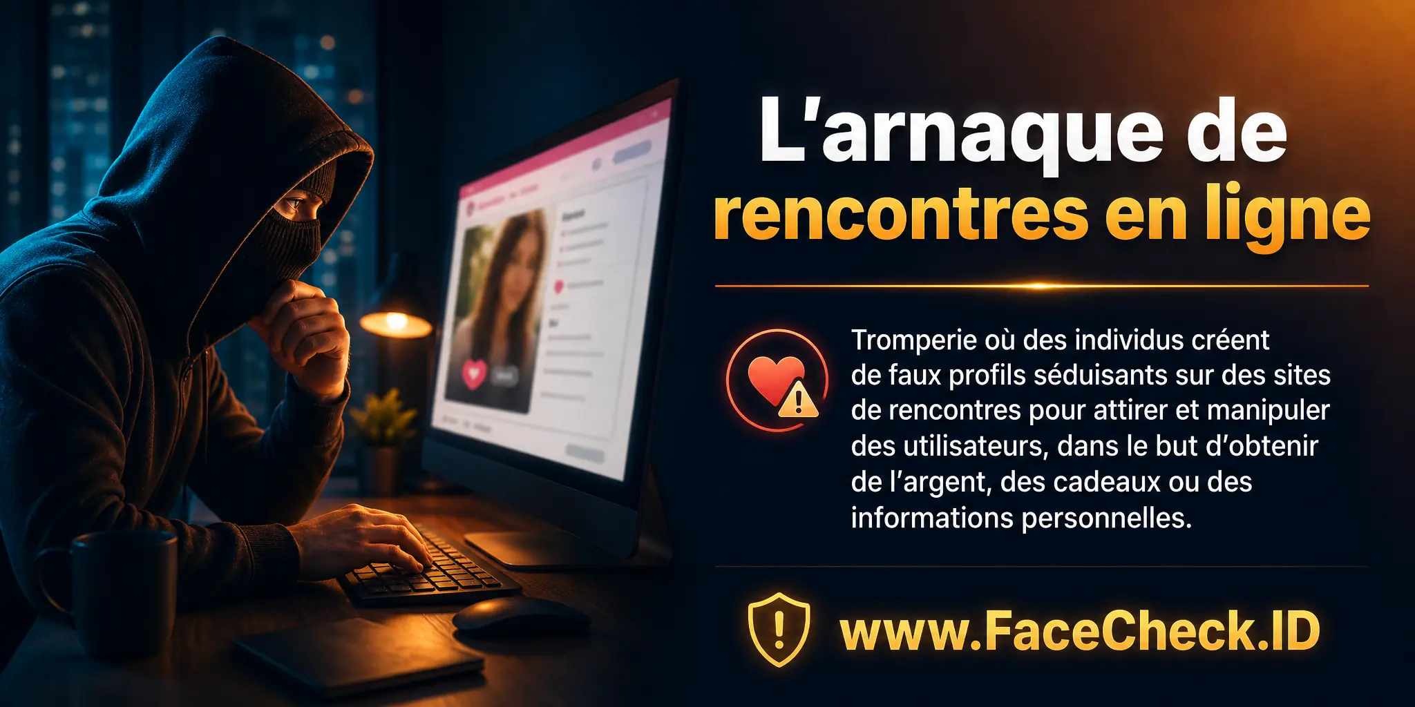 L'arnaque de rencontres en ligne est une tromperie où des personnes créent de faux profils séduisants sur des sites de rencontres pour attirer et manipuler des utilisateurs innocents, dans le but d'obtenir de l'argent, des cadeaux ou des informations personnelles.