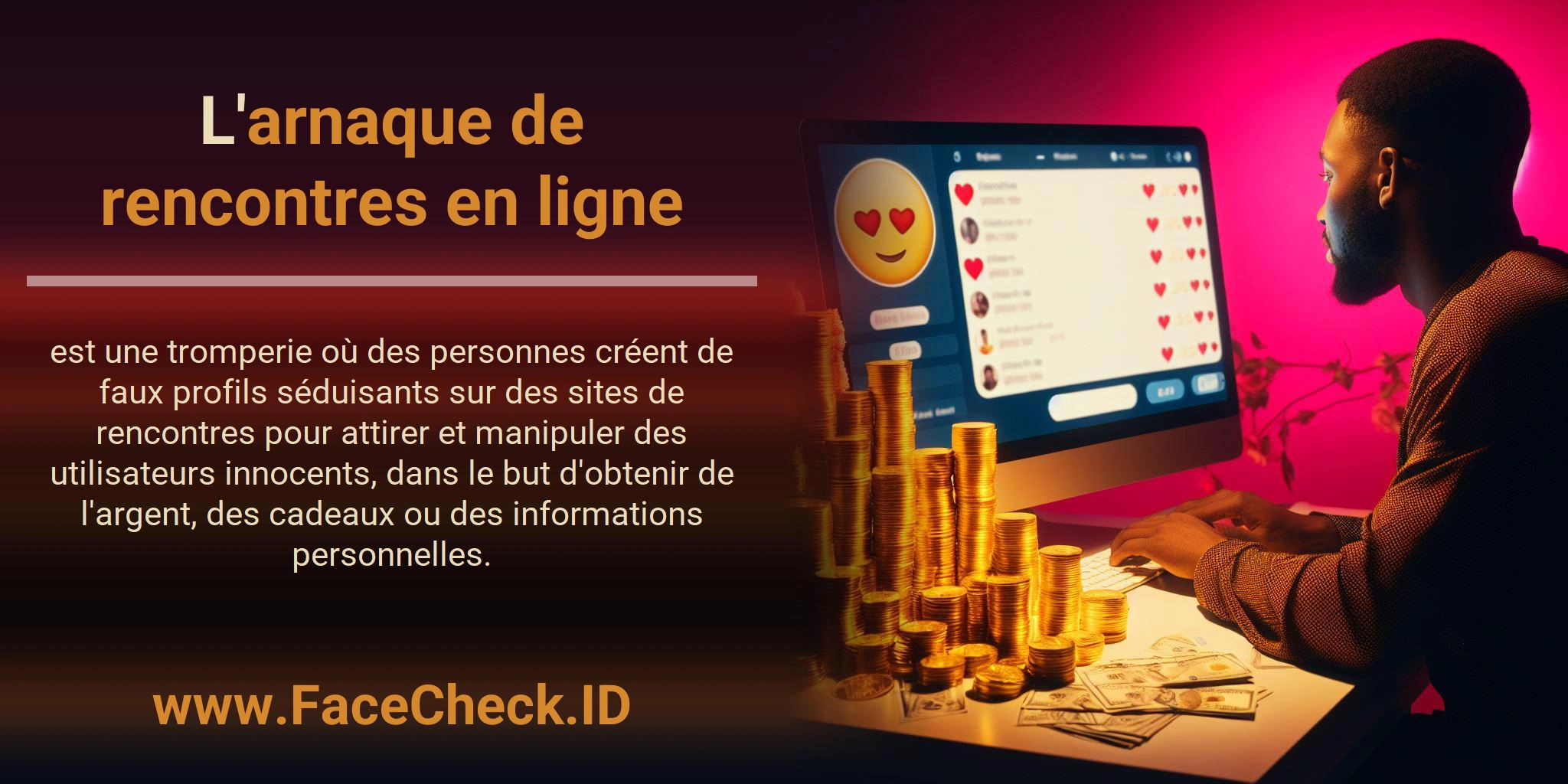 L'arnaque de rencontres en ligne est une tromperie où des personnes créent de faux profils séduisants sur des sites de rencontres pour attirer et manipuler des utilisateurs innocents, dans le but d'obtenir de l'argent, des cadeaux ou des informations personnelles.