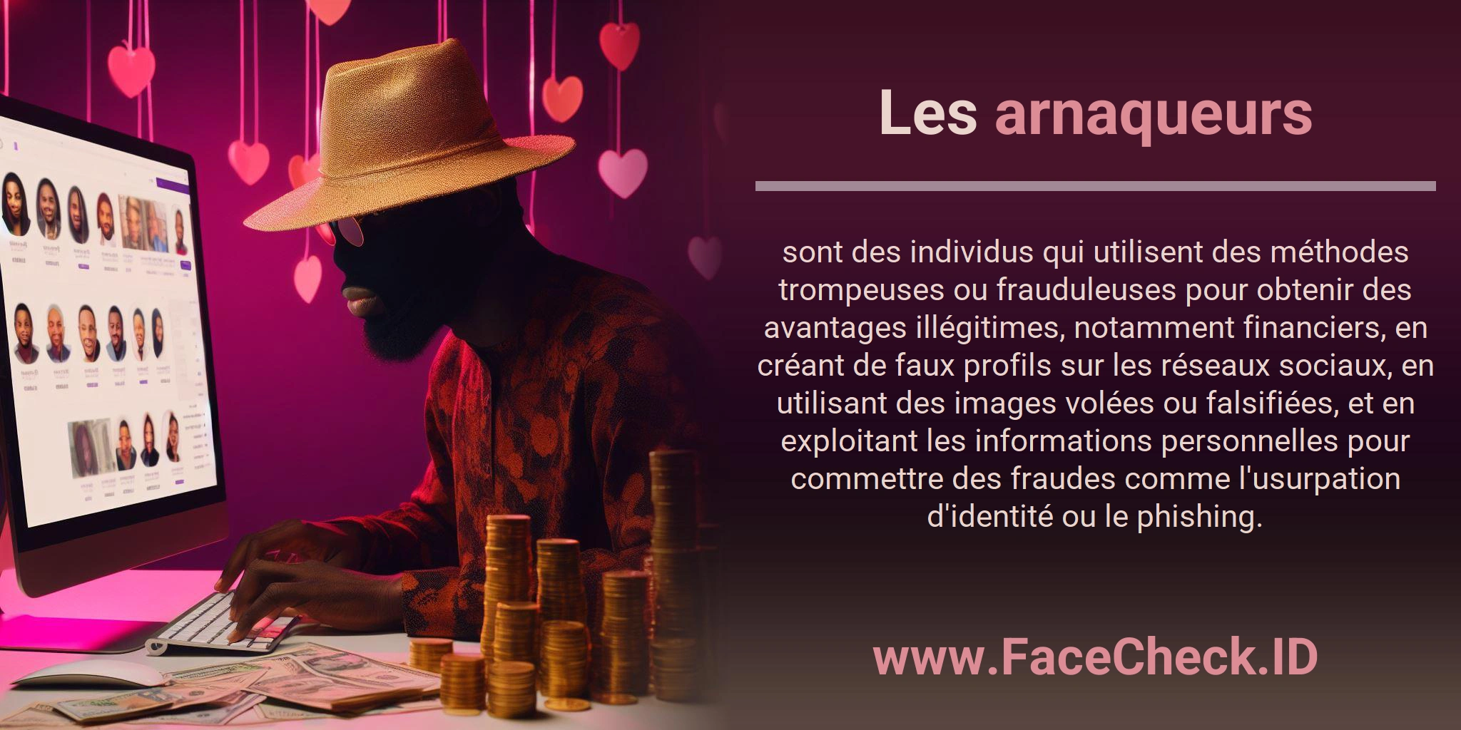 Les arnaqueurs sont des individus qui utilisent des méthodes trompeuses ou frauduleuses pour obtenir des avantages illégitimes, notamment financiers, en créant de faux profils sur les réseaux sociaux, en utilisant des images volées ou falsifiées, et en exploitant les informations personnelles pour commettre des fraudes comme l'usurpation d'identité ou le phishing.
