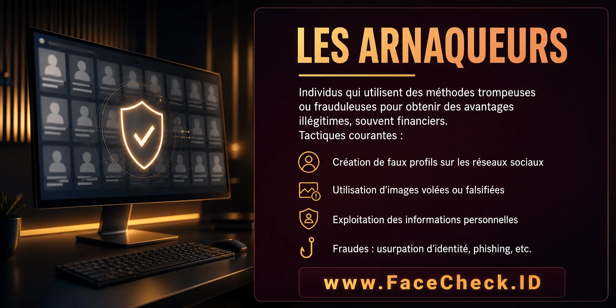 Les arnaqueurs sont des individus qui utilisent des méthodes trompeuses ou frauduleuses pour obtenir des avantages illégitimes, notamment financiers, en créant de faux profils sur les réseaux sociaux, en utilisant des images volées ou falsifiées, et en exploitant les informations personnelles pour commettre des fraudes comme l'usurpation d'identité ou le phishing.
