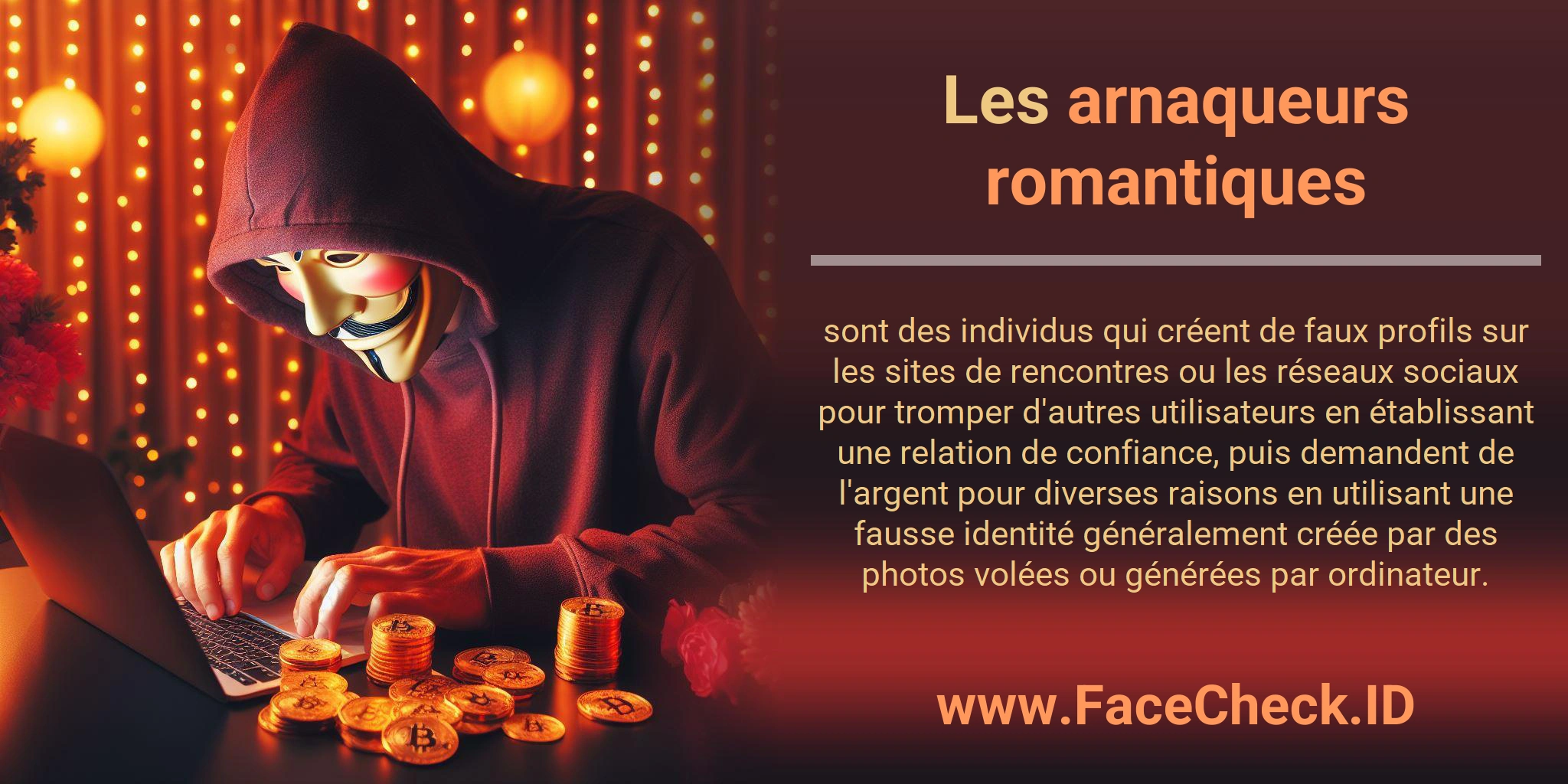 Les arnaqueurs romantiques sont des individus qui créent de faux profils sur les sites de rencontres ou les réseaux sociaux pour tromper d'autres utilisateurs en établissant une relation de confiance, puis demandent de l'argent pour diverses raisons en utilisant une fausse identité généralement créée par des photos volées ou générées par ordinateur.