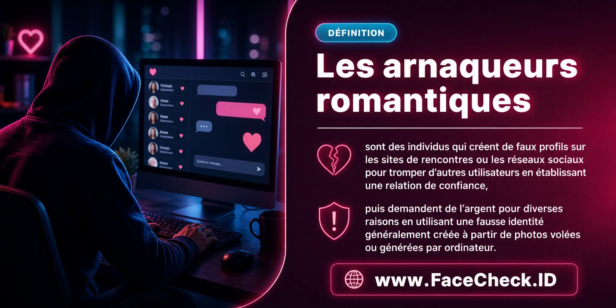Les arnaqueurs romantiques sont des individus qui créent de faux profils sur les sites de rencontres ou les réseaux sociaux pour tromper d'autres utilisateurs en établissant une relation de confiance, puis demandent de l'argent pour diverses raisons en utilisant une fausse identité généralement créée par des photos volées ou générées par ordinateur.
