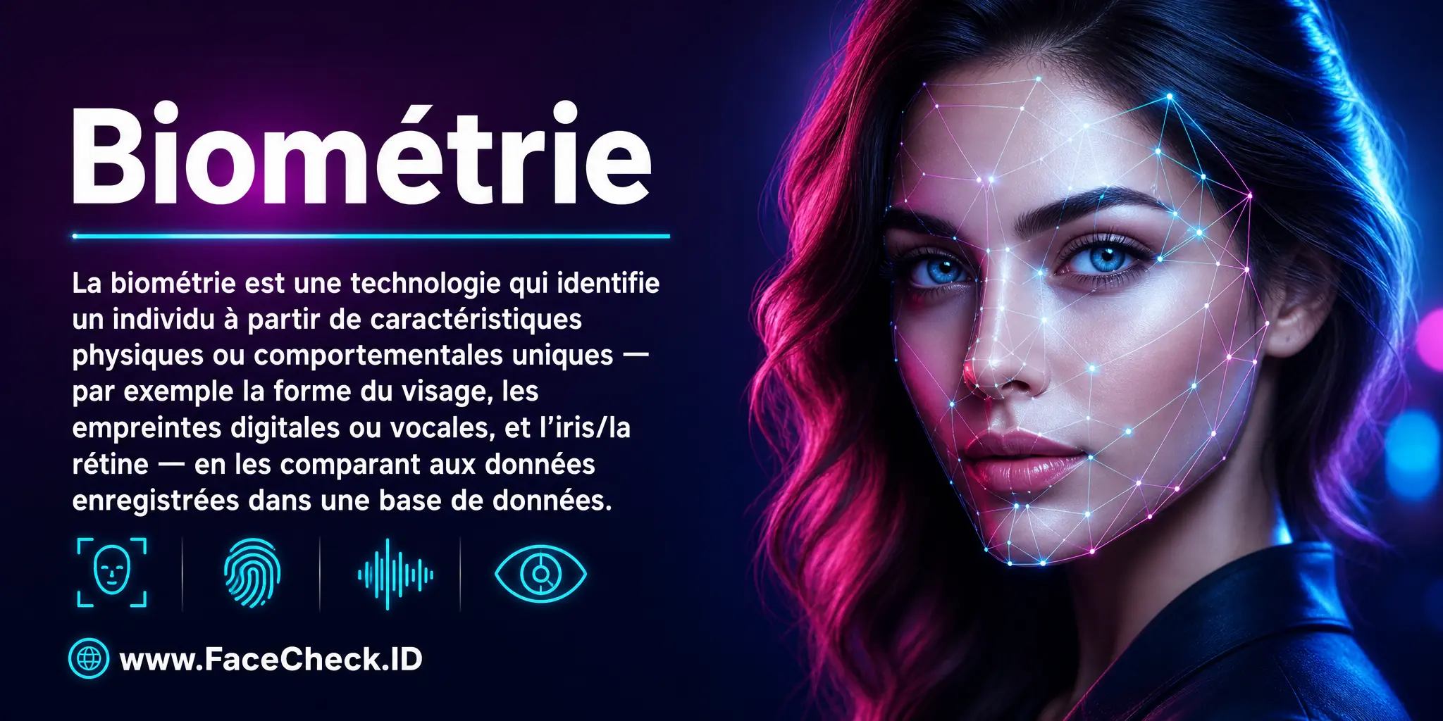 La biométrie est une technologie qui identifie un individu en utilisant ses caractéristiques physiques ou comportementales uniques, comme la forme du visage, les empreintes digitales ou vocales, ou la rétine de l'œil, en les comparant avec les données enregistrées dans une base de données.