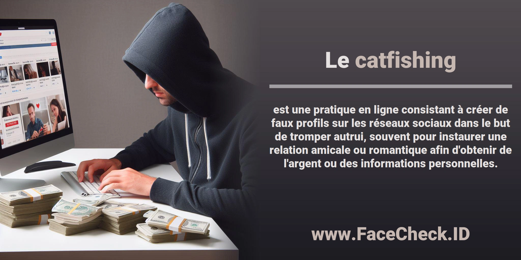 Le <b>catfishing</b> est une pratique en ligne consistant à créer de faux profils sur les réseaux sociaux dans le but de tromper autrui, souvent pour instaurer une relation amicale ou romantique afin d'obtenir de l'argent ou des informations personnelles.