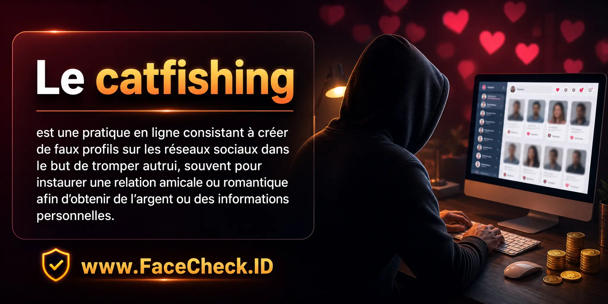 Le catfishing est une pratique en ligne consistant à créer de faux profils sur les réseaux sociaux dans le but de tromper autrui, souvent pour instaurer une relation amicale ou romantique afin d'obtenir de l'argent ou des informations personnelles.