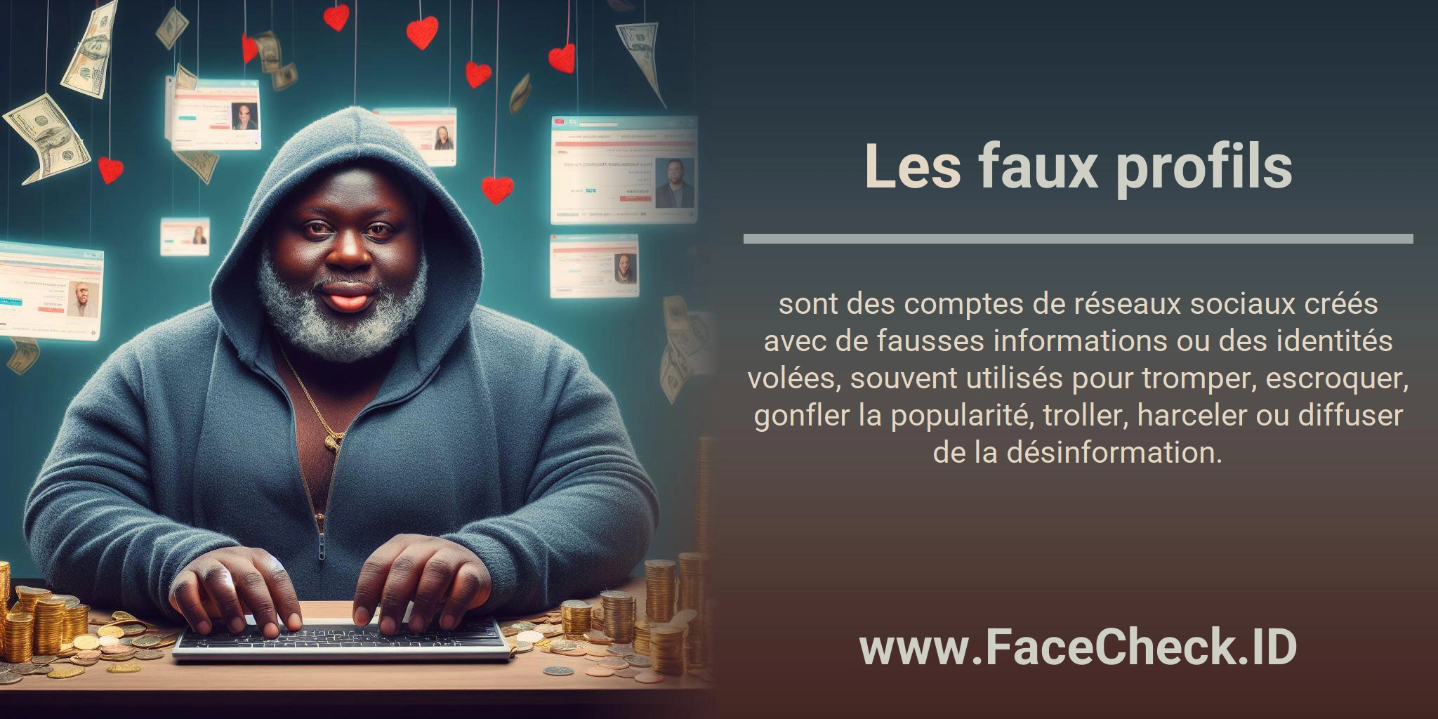 Les faux profils sont des comptes de réseaux sociaux créés avec de fausses informations ou des identités volées, souvent utilisés pour tromper, escroquer, gonfler la popularité, troller, harceler ou diffuser de la désinformation.
