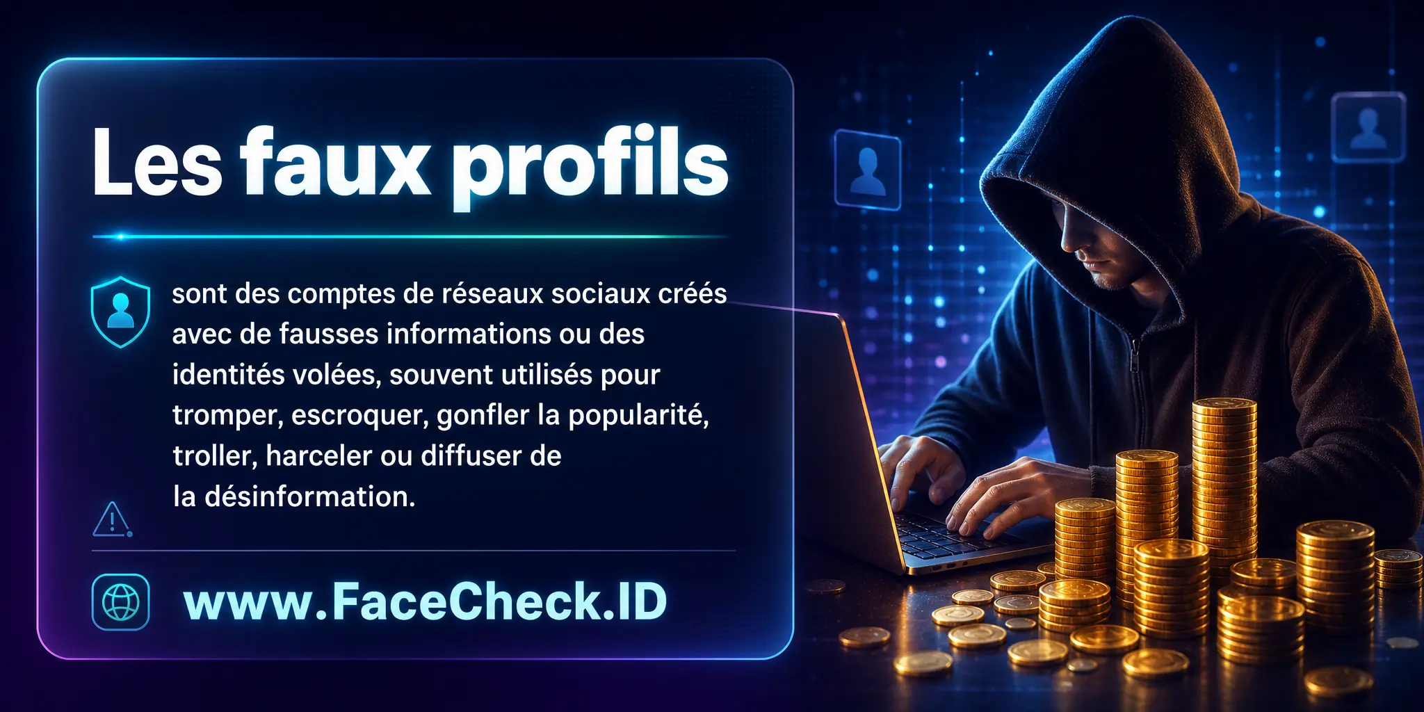 Les faux profils sont des comptes de réseaux sociaux créés avec de fausses informations ou des identités volées, souvent utilisés pour tromper, escroquer, gonfler la popularité, troller, harceler ou diffuser de la désinformation.