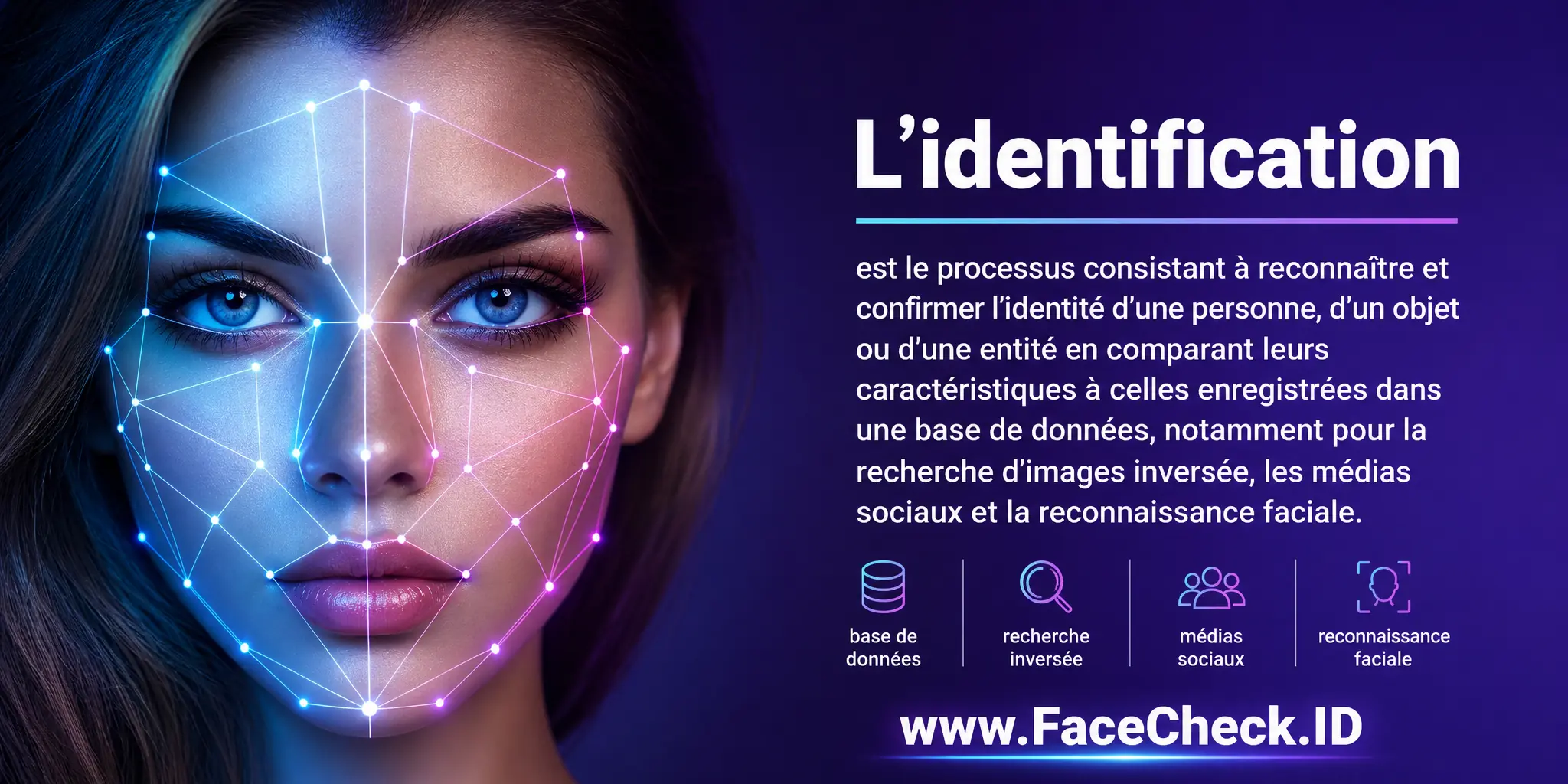 L'identification est le processus de reconnaissance et de confirmation de l'identité d'une personne, d'un objet ou d'une entité, souvent réalisé en comparant leurs caractéristiques à celles présentes dans une base de données, notamment dans le cadre de la recherche d'images inversée, des médias sociaux et de la reconnaissance faciale.