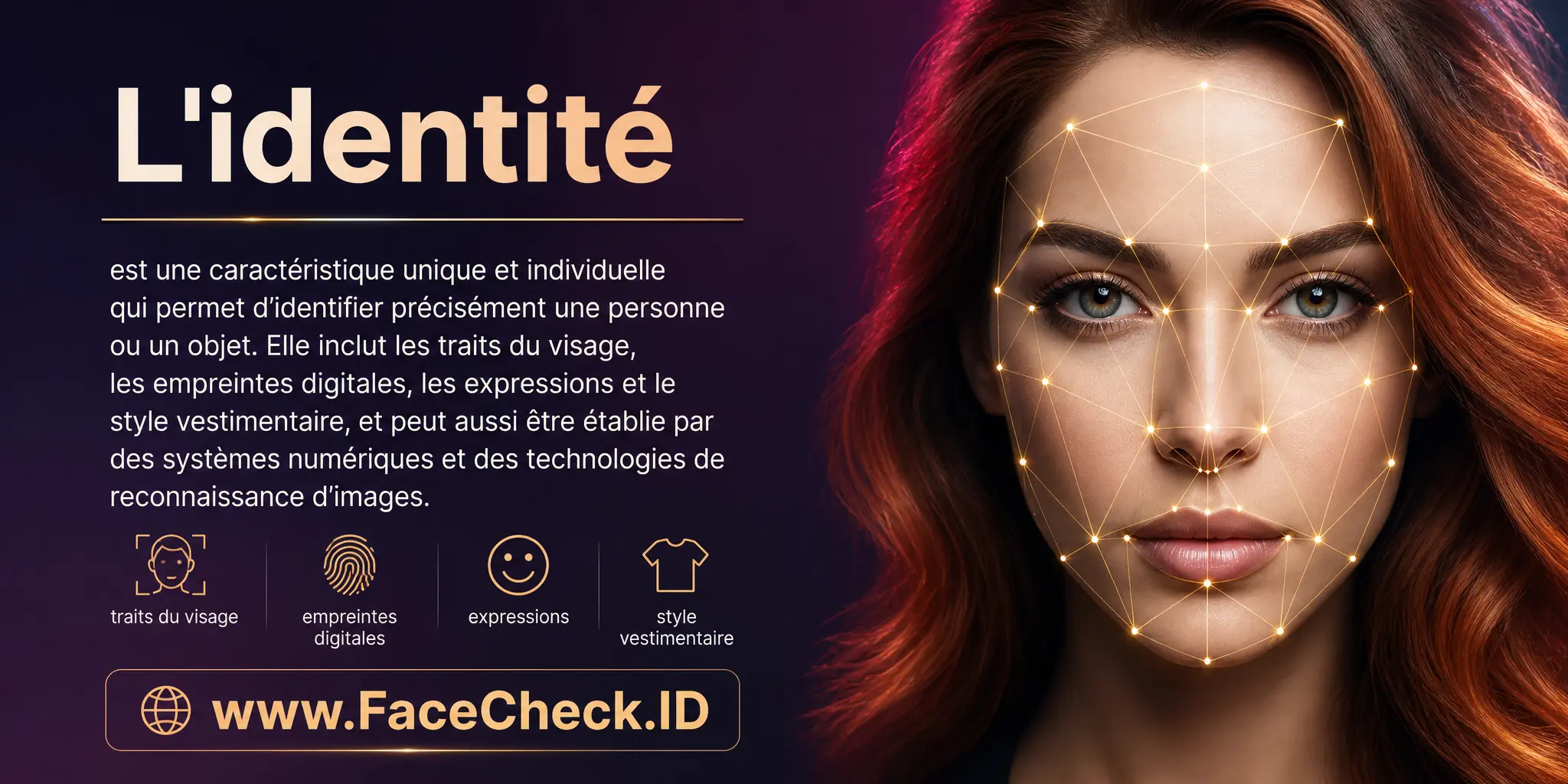 L'identité est une caractéristique unique et individuelle qui permet d'identifier précisément une personne ou une chose, incluant traits du visage, empreintes digitales, expressions et style vestimentaire, et peut également être attribuée par les systèmes numériques et les technologies de reconnaissance d'images.