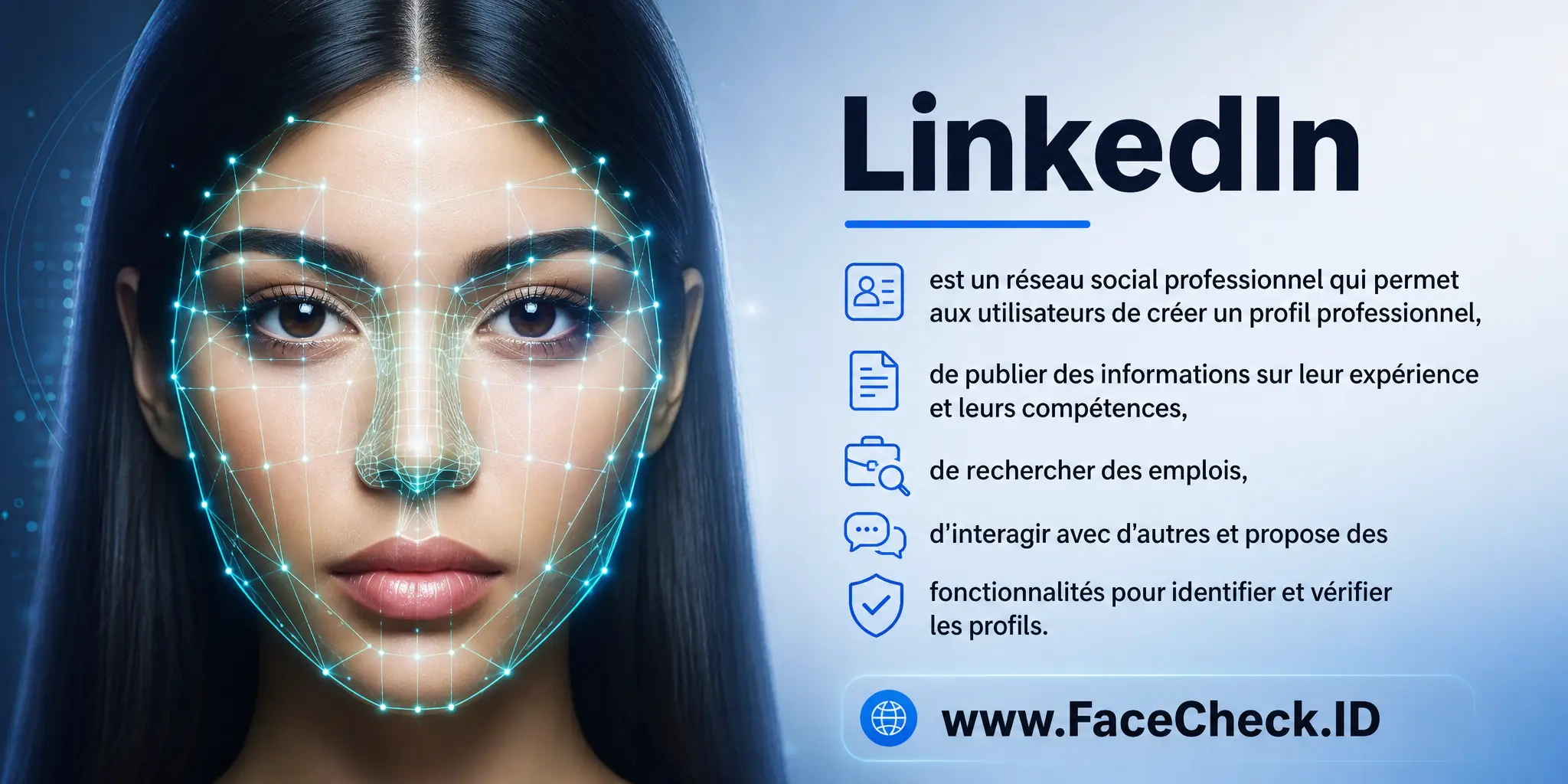 LinkedIn est un réseau social professionnel qui permet aux utilisateurs de créer un profil professionnel, de publier des informations sur leur expérience et leurs compétences, de rechercher des emplois, d'interagir avec d'autres et d'offre des fonctionnalités pour identifier et vérifier les profils.