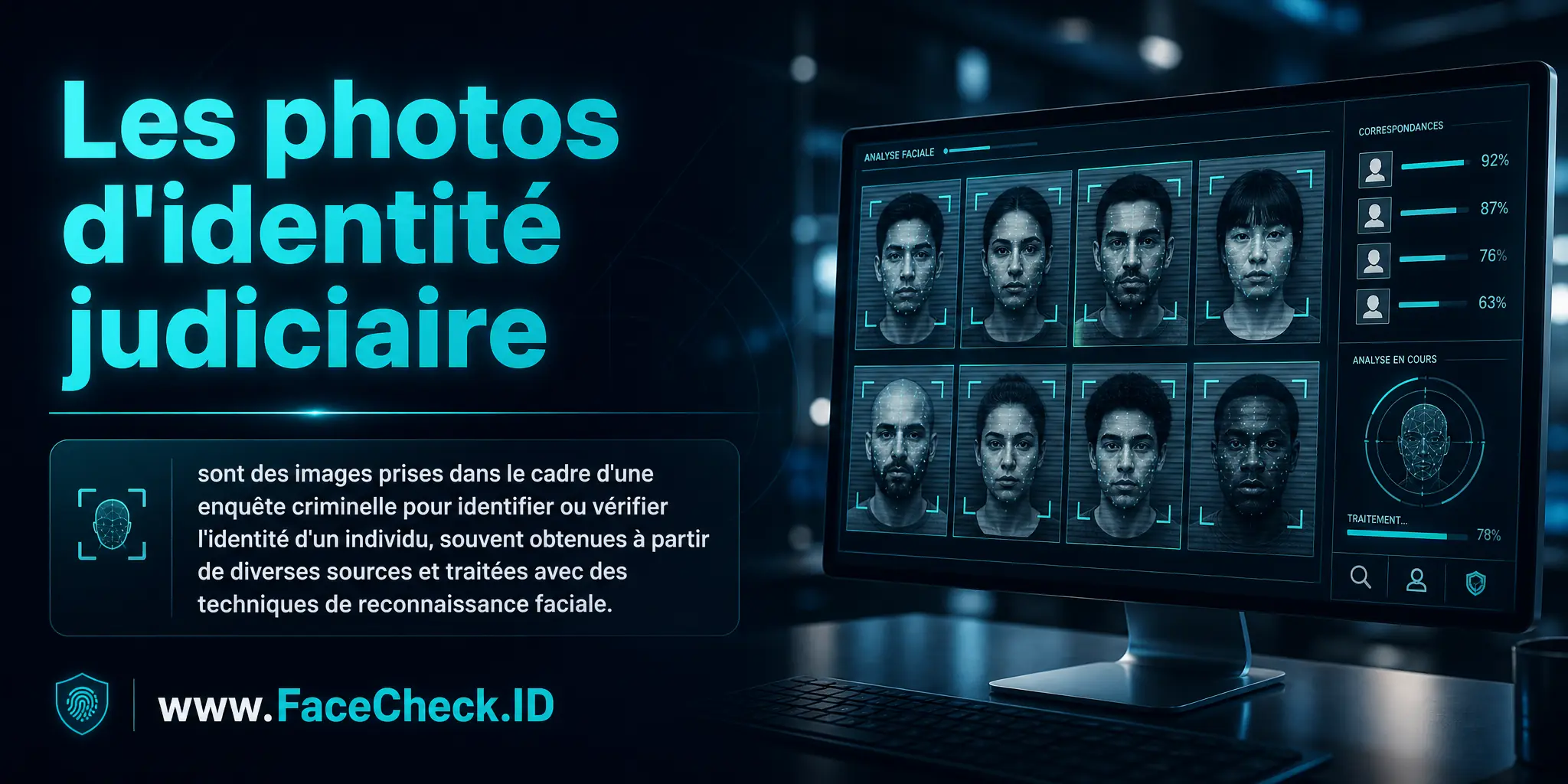 Les photos d'identité judiciaire sont des images prises dans le cadre d'une enquête criminelle pour identifier ou vérifier l'identité d'un individu, souvent obtenues à partir de diverses sources et traitées avec des techniques de reconnaissance faciale.