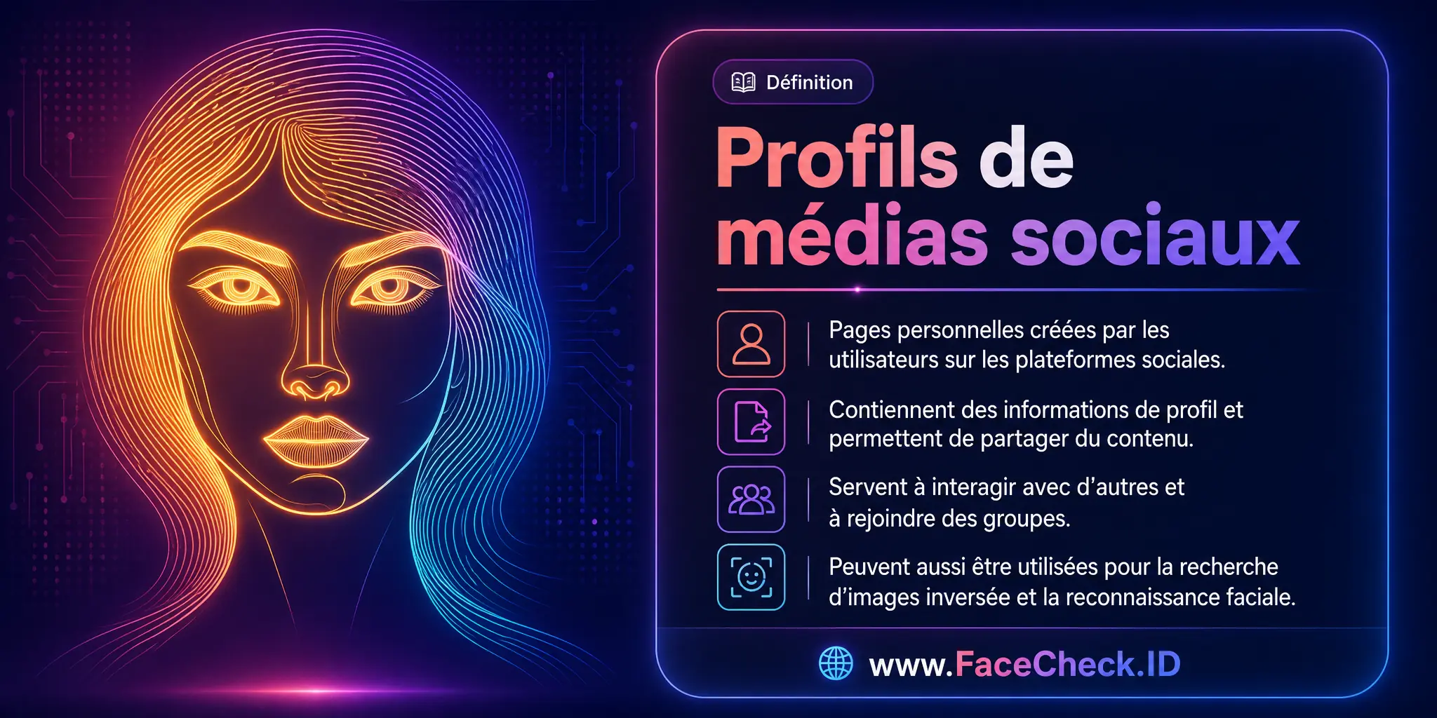 Les profils de médias sociaux sont des pages personnelles créées par les utilisateurs sur les plateformes de médias sociaux, contenant des informations personnelles et servant à partager du contenu, interagir avec d'autres, rejoindre des groupes et peuvent être utilisés pour la recherche d'images inversée et la reconnaissance faciale.