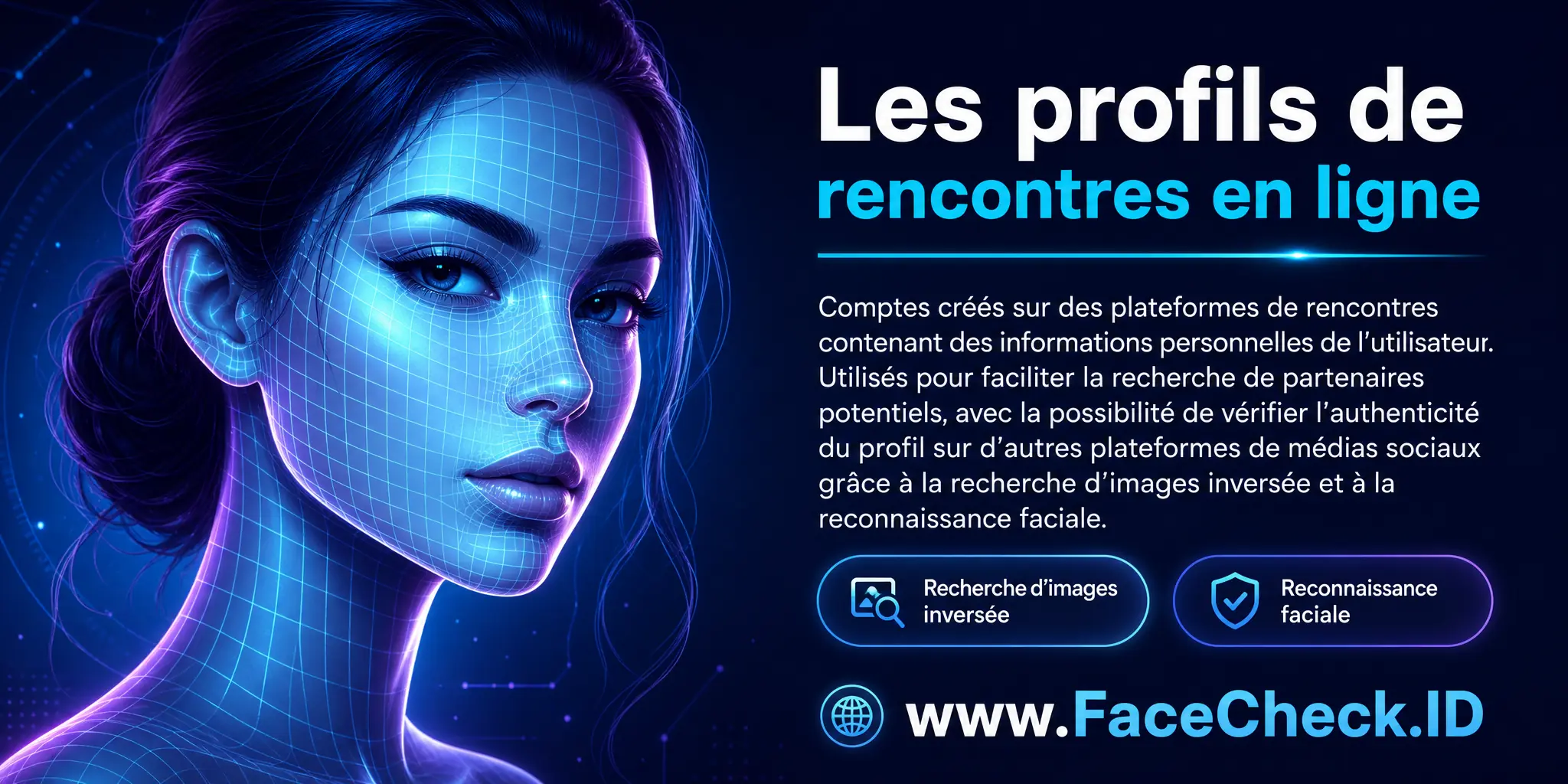 Les profils de rencontres en ligne sont des comptes créés sur des plateformes de rencontres contenant des informations personnelles de l'utilisateur et utilisés pour faciliter la recherche de partenaires potentiels, avec la possibilité de vérifier l'authenticité du profil sur d'autres plateformes de médias sociaux grâce à la recherche d'images inversée et à la reconnaissance faciale.