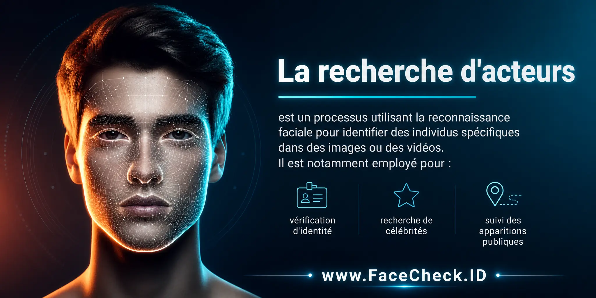 La recherche d'acteurs est un processus utilisant la reconnaissance faciale pour identifier des individus spécifiques dans des images ou vidéos, utilisé notamment pour la vérification d'identité, la recherche de célébrités ou le suivi des apparitions publiques d'une personne.