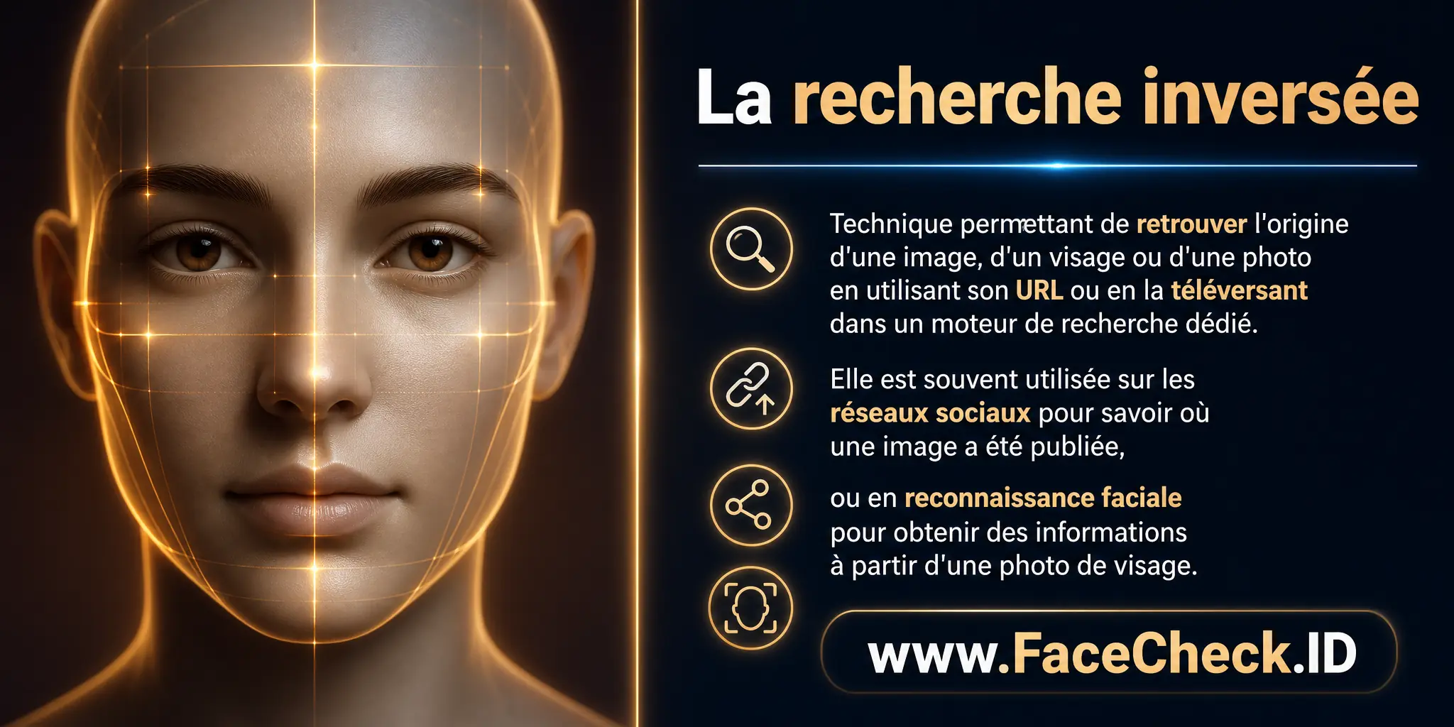 La recherche inversée est une technique permettant de trouver l'origine ou la source d'une image, d'un visage ou d'une photo en utilisant son URL ou en la téléchargeant dans un moteur de recherche spécifique, et est souvent utilisée dans les médias sociaux pour localiser où une image a été utilisée ou en reconnaissance faciale pour obtenir des informations sur une personne à partir d'une photo de son visage.