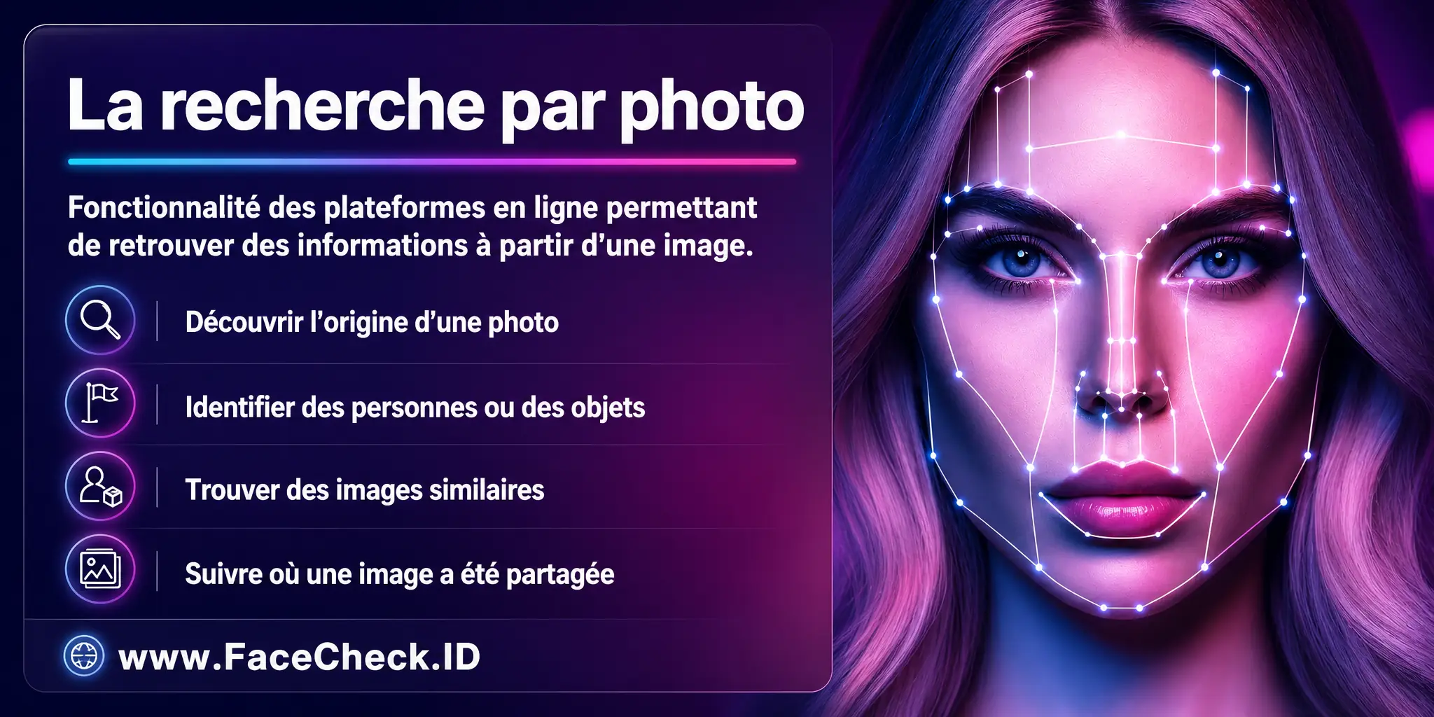 La recherche par photo est une fonctionnalité offerte par différentes plateformes en ligne permettant de rechercher des informations à partir d'une image, pouvant servir à trouver l'origine d'une photo, identifier des personnes ou objets, localiser des images similaires ou suivre où une image a été partagée.