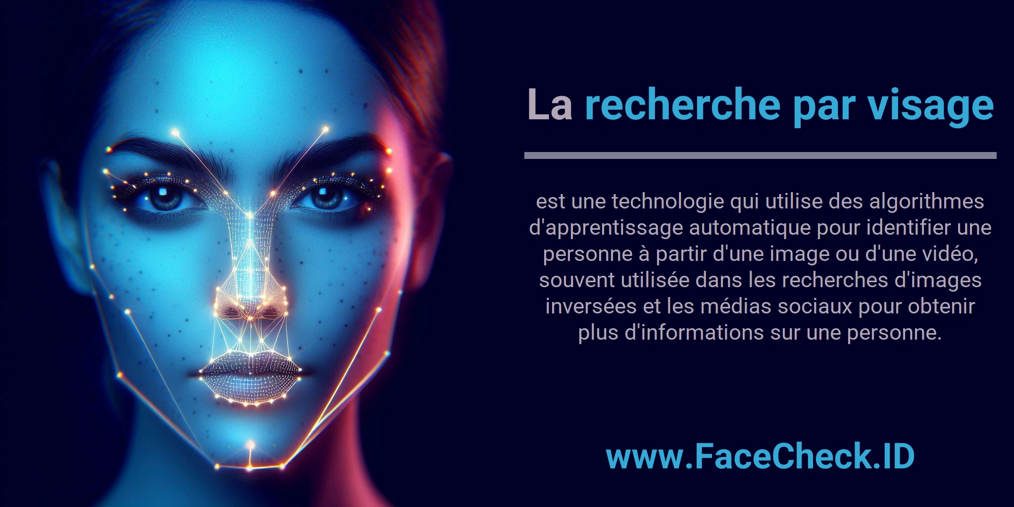 La recherche par visage est une technologie qui utilise des algorithmes d'apprentissage automatique pour identifier une personne à partir d'une image ou d'une vidéo, souvent utilisée dans les recherches d'images inversées et les médias sociaux pour obtenir plus d'informations sur une personne.