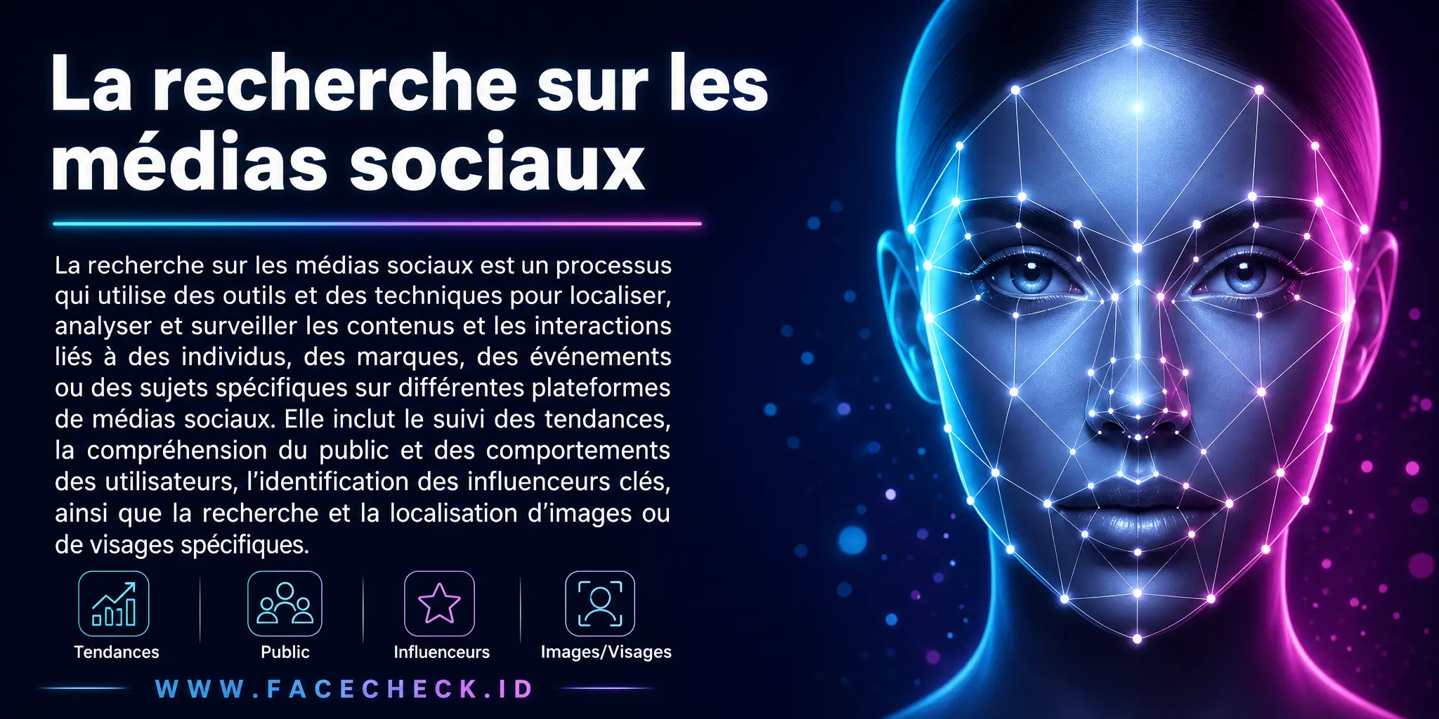 La recherche sur les médias sociaux est un processus utilisant des outils et des techniques pour localiser, analyser et surveiller des contenus et des interactions liés à des individus, marques, événements ou sujets spécifiques sur différentes plateformes de médias sociaux, incluant le suivi des tendances, la compréhension du public et des comportements des utilisateurs, l'identification des influenceurs clés, et la localisation d'images ou de visages spécifiques.