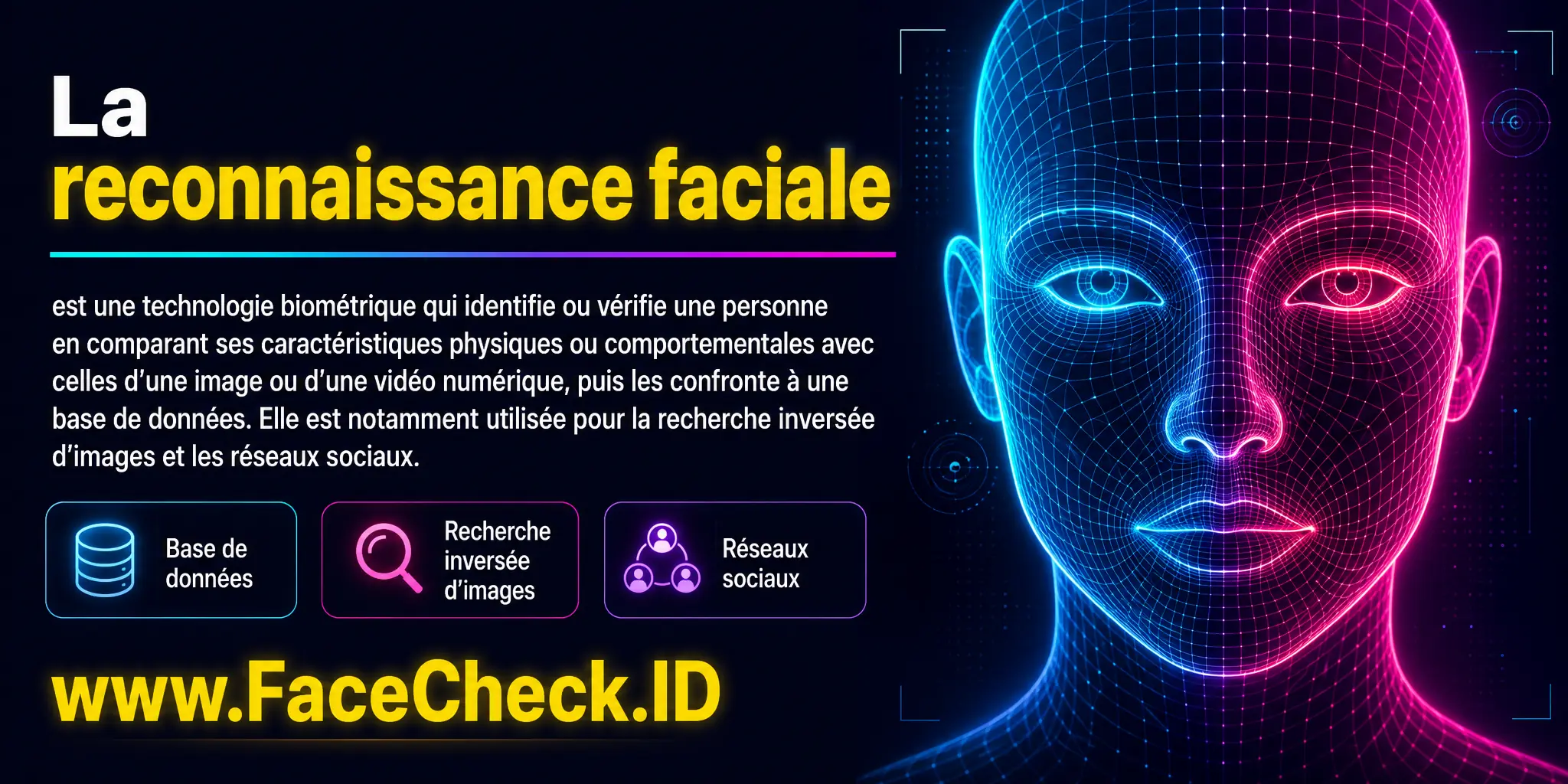 La reconnaissance faciale est une technologie biométrique qui identifie ou vérifie une personne en comparant ses caractéristiques physiques ou comportementales avec celles d'une image ou vidéo numérique stockée dans une base de données, utilisée notamment pour améliorer la recherche d'images inversée et les réseaux sociaux.